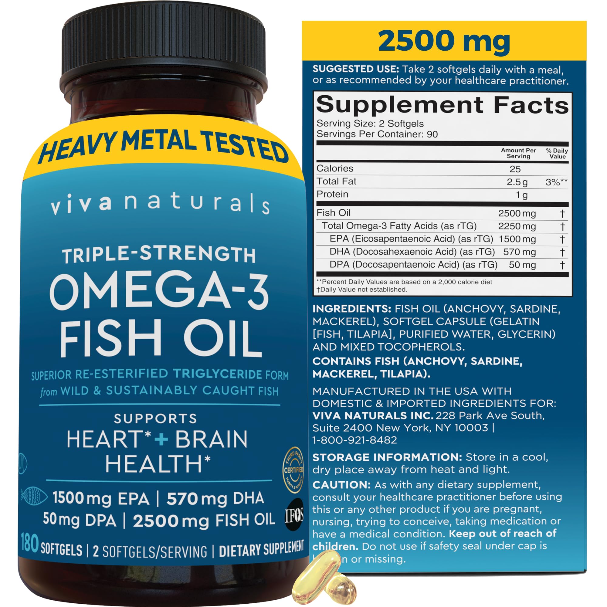 Omega 3 Fish Oil Supplement for Women and Men - 2500 mg Triple Strength Fish Oil Pills with Re-Esterified Omega 3 Fatty Acids including EPA, DHA DPA - 180 Pescatarian-Friendly