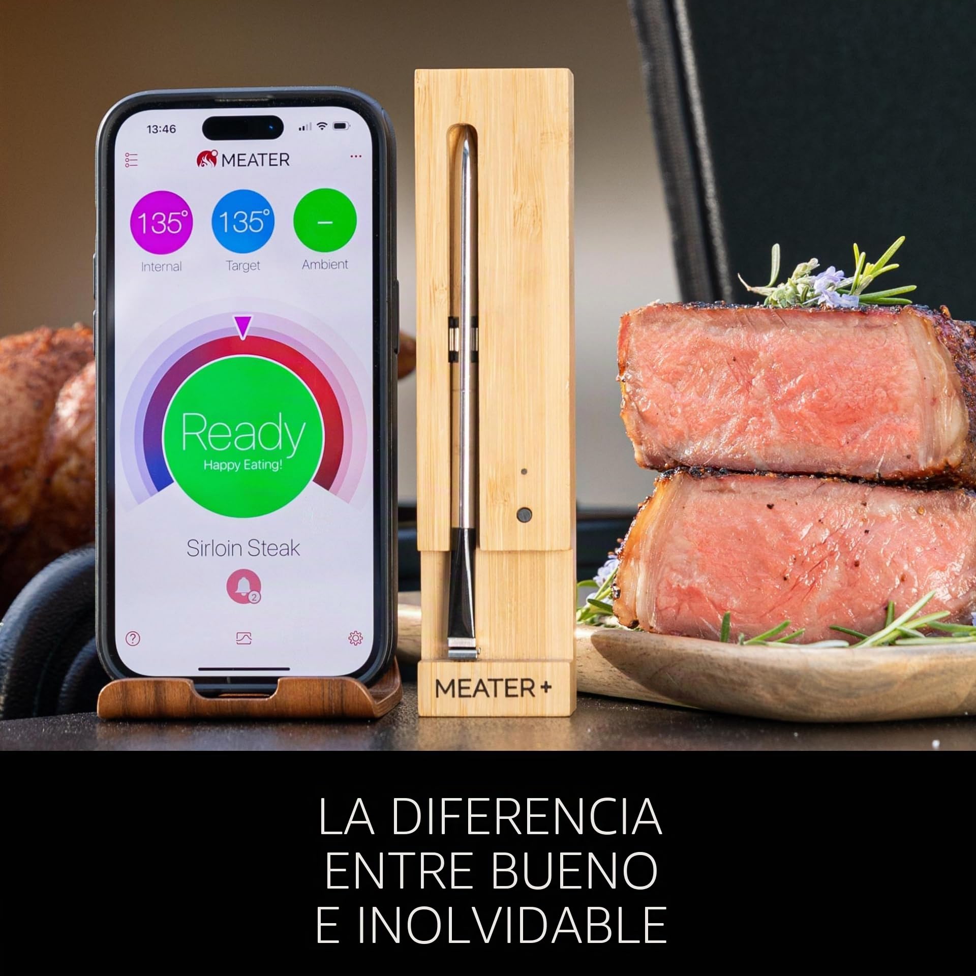 MEATER Plus | El termómetro inteligente inalámbrico para carne con alcance de 50 m para horno, parrilla, sartén y asador perfecto para disfrutar de la carne a través de la aplicación en alemán