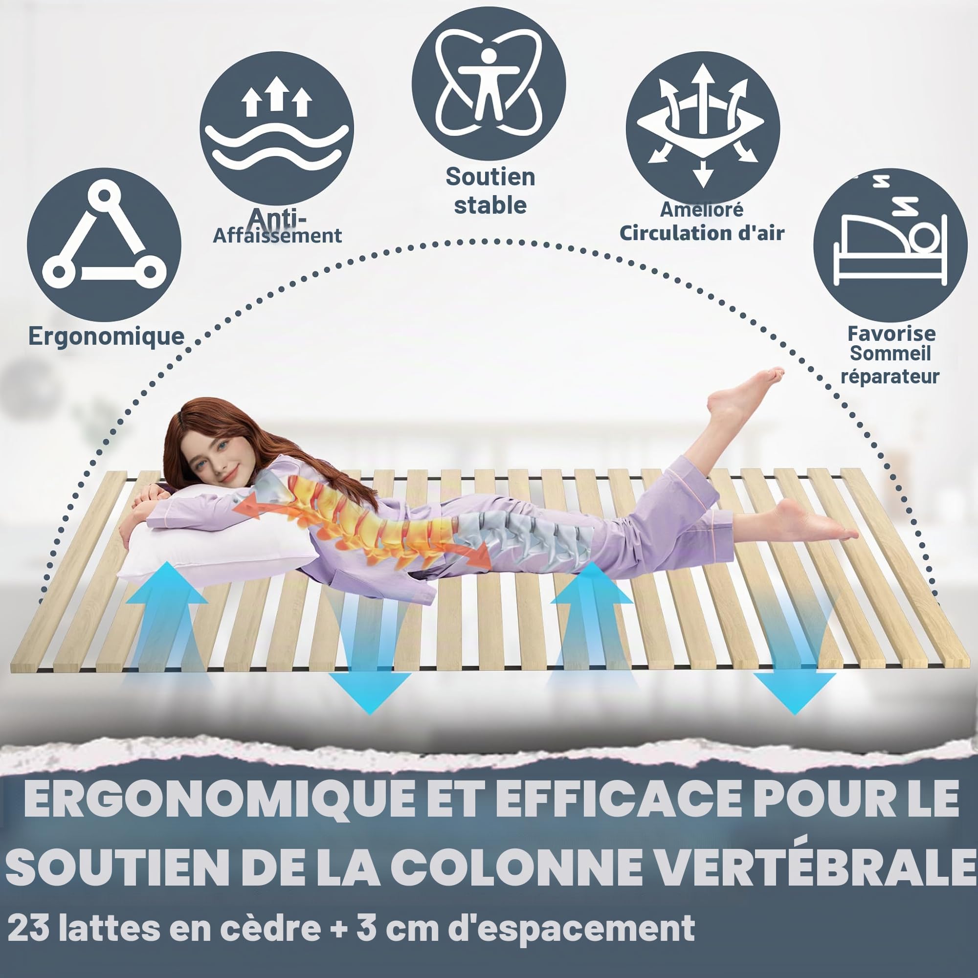 UISEBRT Sommier enroulable en bois d'épicéa, 23 lattes, 140 x 200 cm, lattes en bois avec caoutchouc noir, adapté à tous les types de matelas, capacité de charge jusqu'à 300 kg