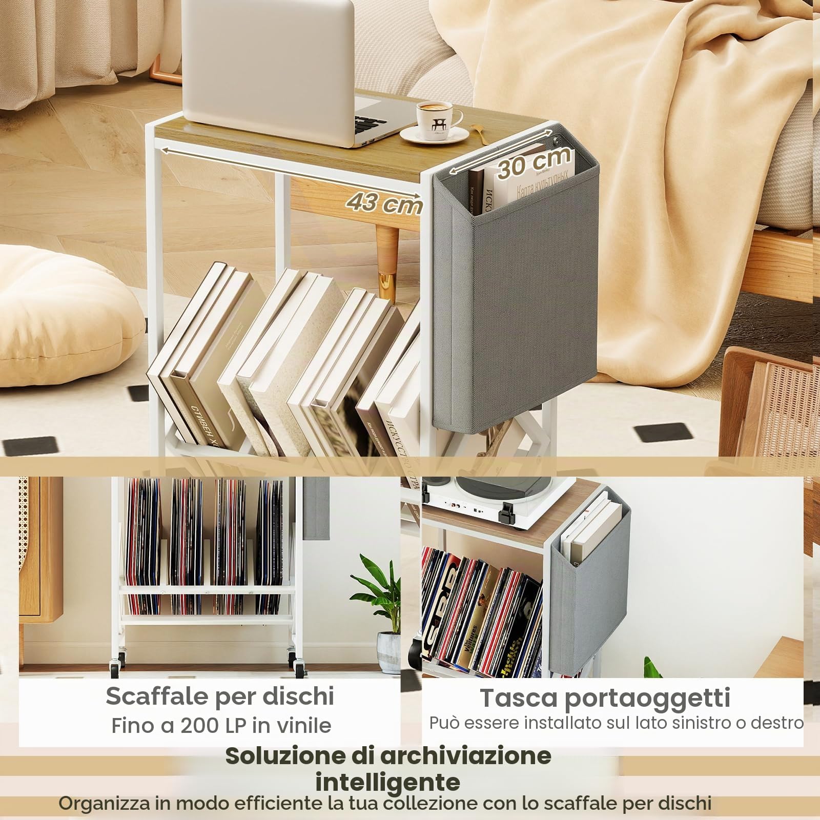 KOMFOTTEU Supporto per Giradischi con Ruote, Mobile Vinili con Sacchetto di Stoffa e Ripiano, Espositore per Dischi per Presentazioni in Metallo per Ufficio, Soggiorno, Camera da Letto (Naturale)