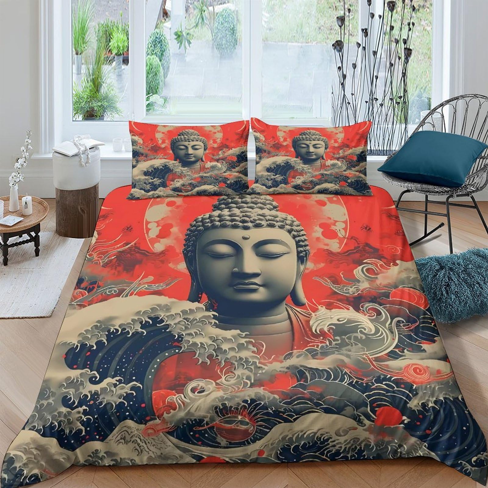GPLZQXKJNH 3D Printed Red Japanese Dragon Duvet Cover Microfiber Soft Breathable Wave Bedding Set with 2 Pillowcases for Bedroom Home Decor Single（135x200cm）