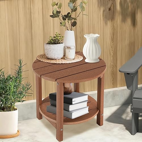 Miniatura 231 de LZRS Mesa auxiliar para exteriores, mesa auxiliar ovalada Adirondack doble con almacenamiento de 2 niveles, mesas auxiliares de HDPE para patio