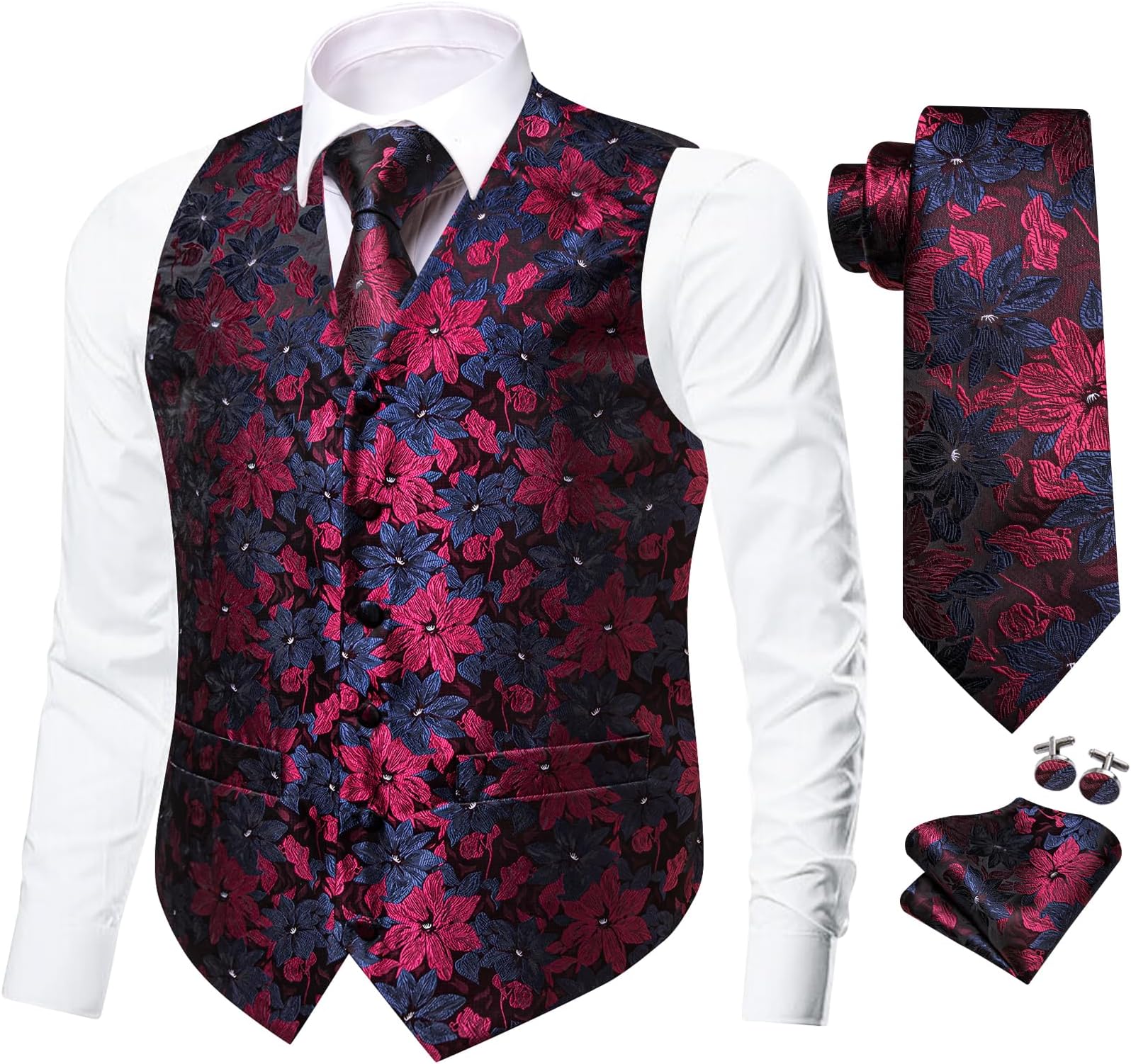 Dubulle Mens Suit Vest and Tie Set Paisley Floral Waistcoats for Men with Necktie Pocket Square Cufflinks Tuxedo Wedding