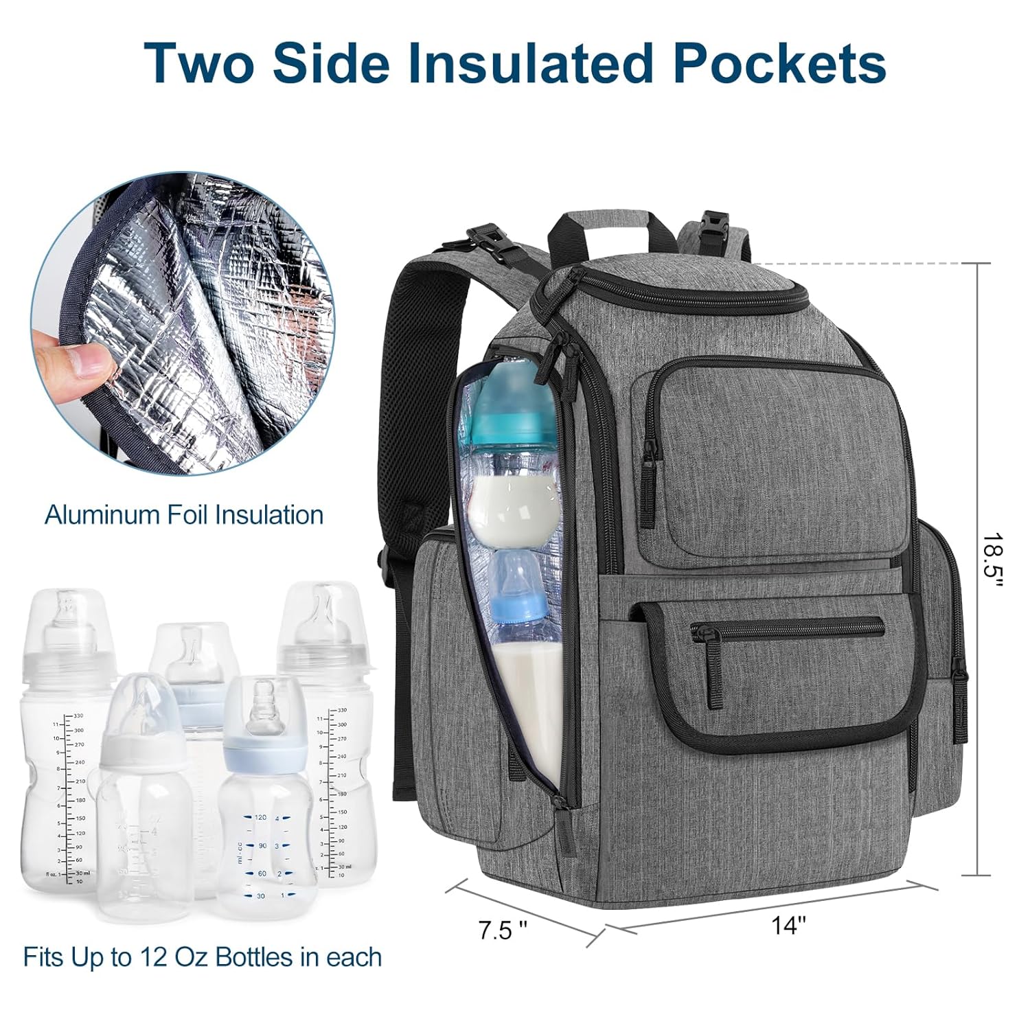 Mancro Diaper Bag Backpack, Baby Diaper Bag with 2 Side Insulated Pockets, Travel Diaper Backpack for Men Women with Stroller Straps, Large Capacity and Waterproof, Grey - Image 3