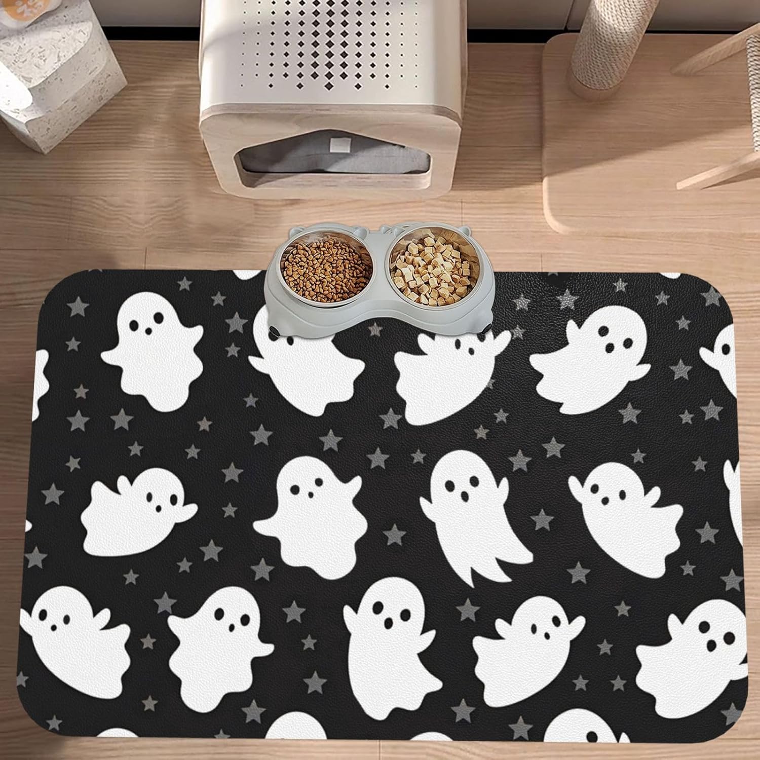 Halloween Ghost Dog Food Mat, Leather Pet Feeding Mat, Cat Mat for Food, Absorbent Pet Placemat for Indoor Outdoor Water Bowl 40x60cm