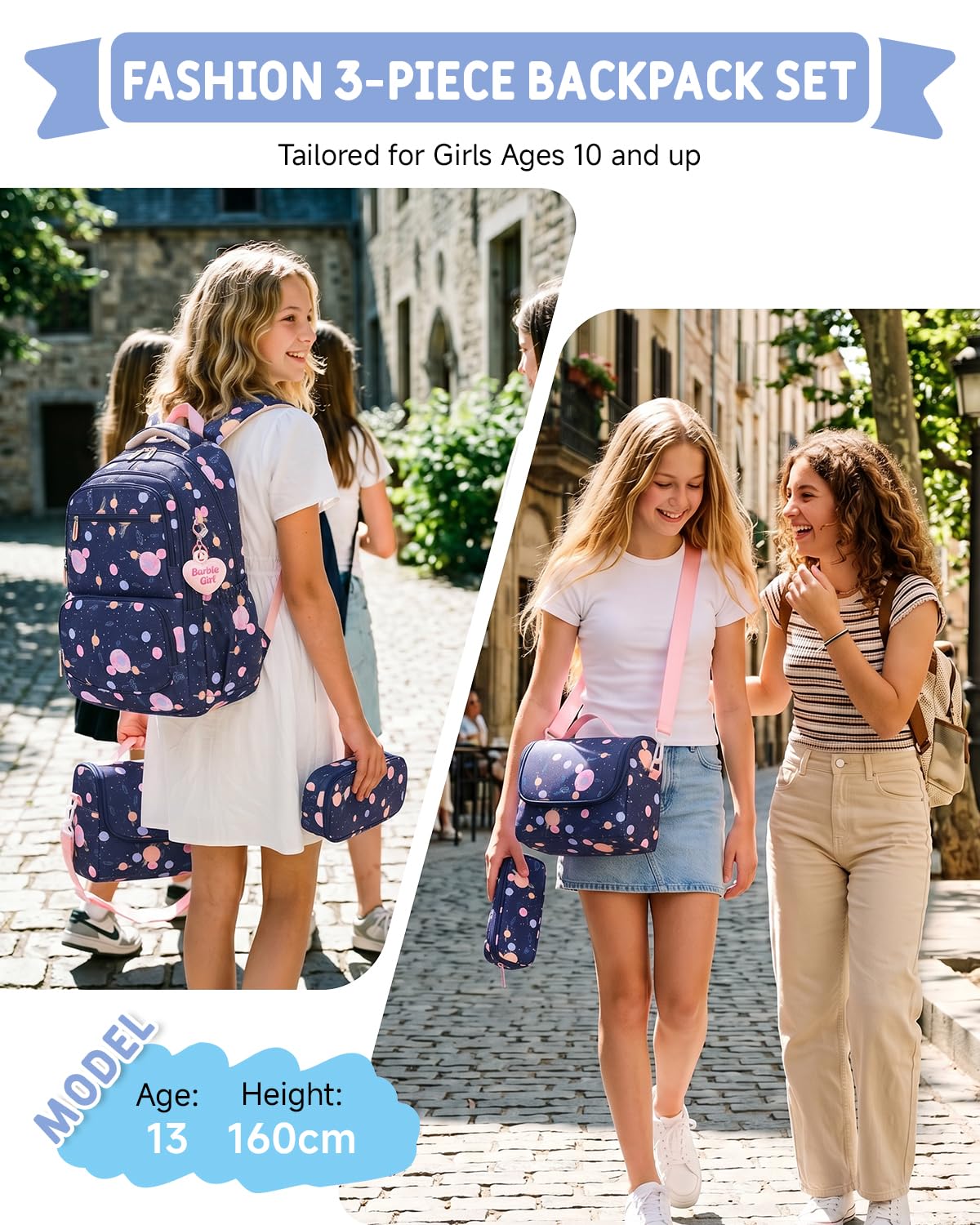 Tanou Mochila escolar para niñas, 3 piezas, mochila escolar informal para niñas de 3 a 7º grado, mochila moderna para adolescentes con bolsa de almuerzo estuche estuche bonito colgante, azul marino