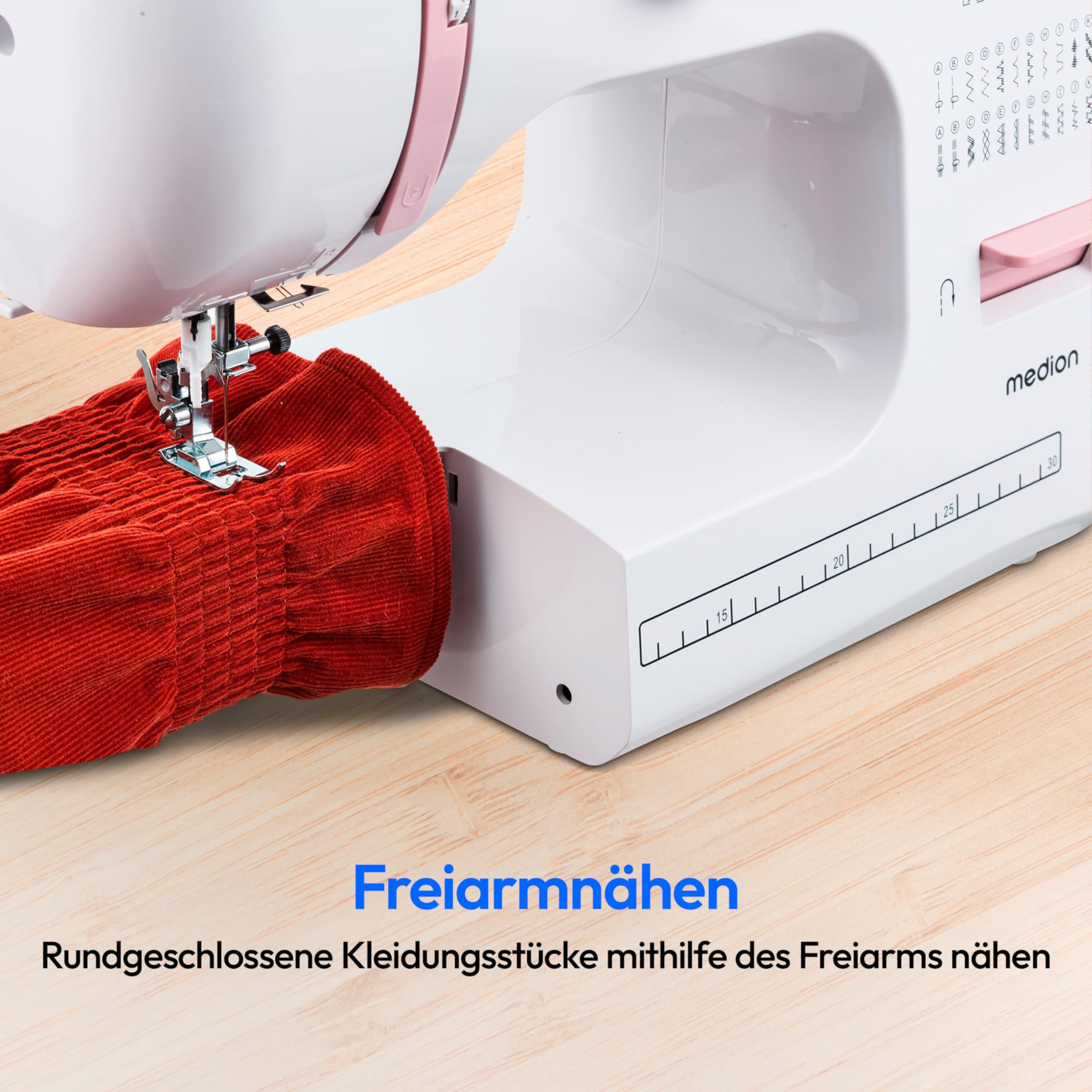 MEDION Freiarm-Nähmaschine SM60 (60 Watt, 60 verschiedene Stichmuster mit Knopflöchern, LED Nählicht, automatischer Einfädler, Rückwärtstaste, Fadenschneider, MD10689) rosa