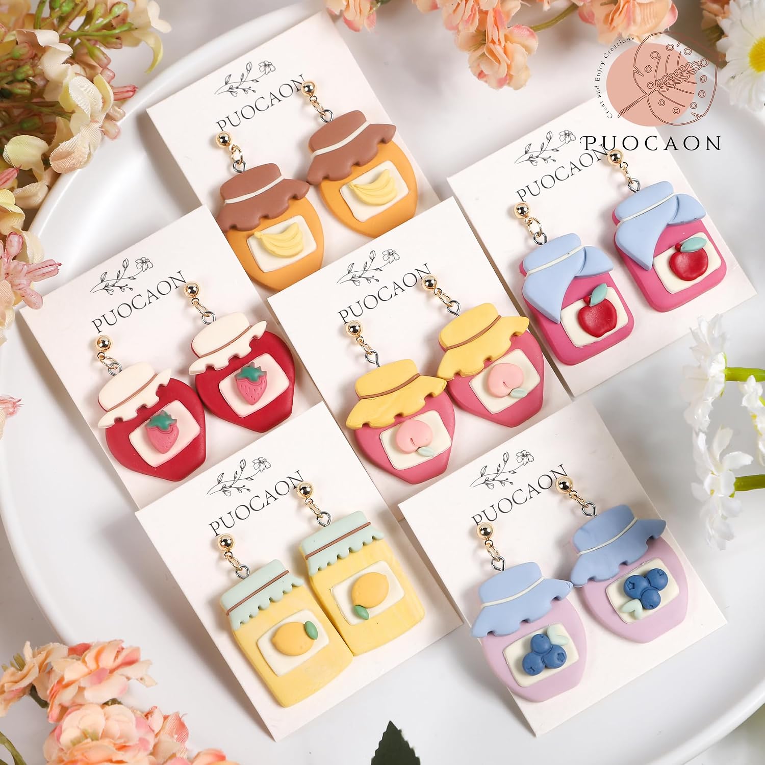 Puocaon Fruits Polymer Clay Cutters - 20 Pcs Cute Fruits Jar Clay Cutters for Polymer Clay Jewelry, Mini Fruit Stud Canned Jam Shape