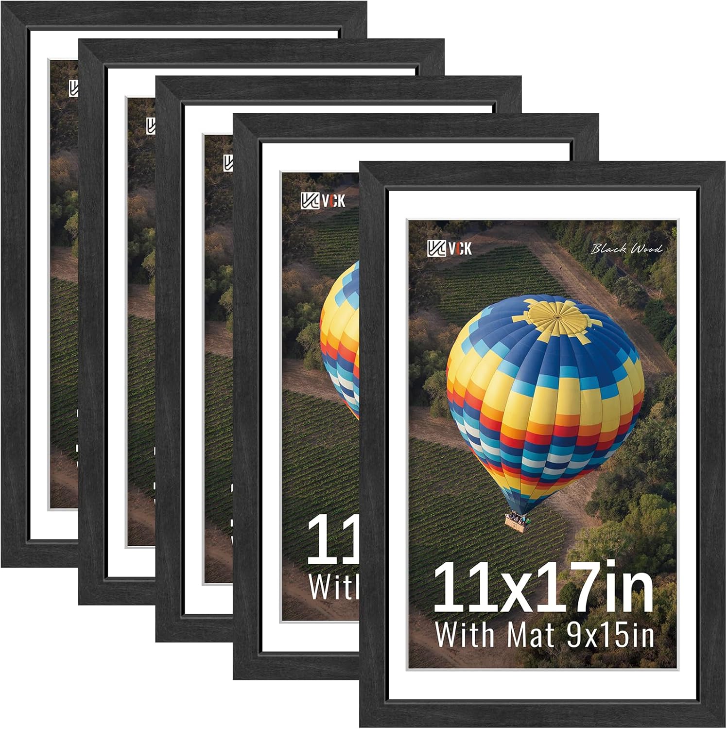 VCK 24x36 Picture Frames Black Set of 5, Wide Border Wood, Display 20x30 Photo with Mat or 24 x 36 without, for Home, Office, Gallery, Woodgrain Series, Wall Hanging