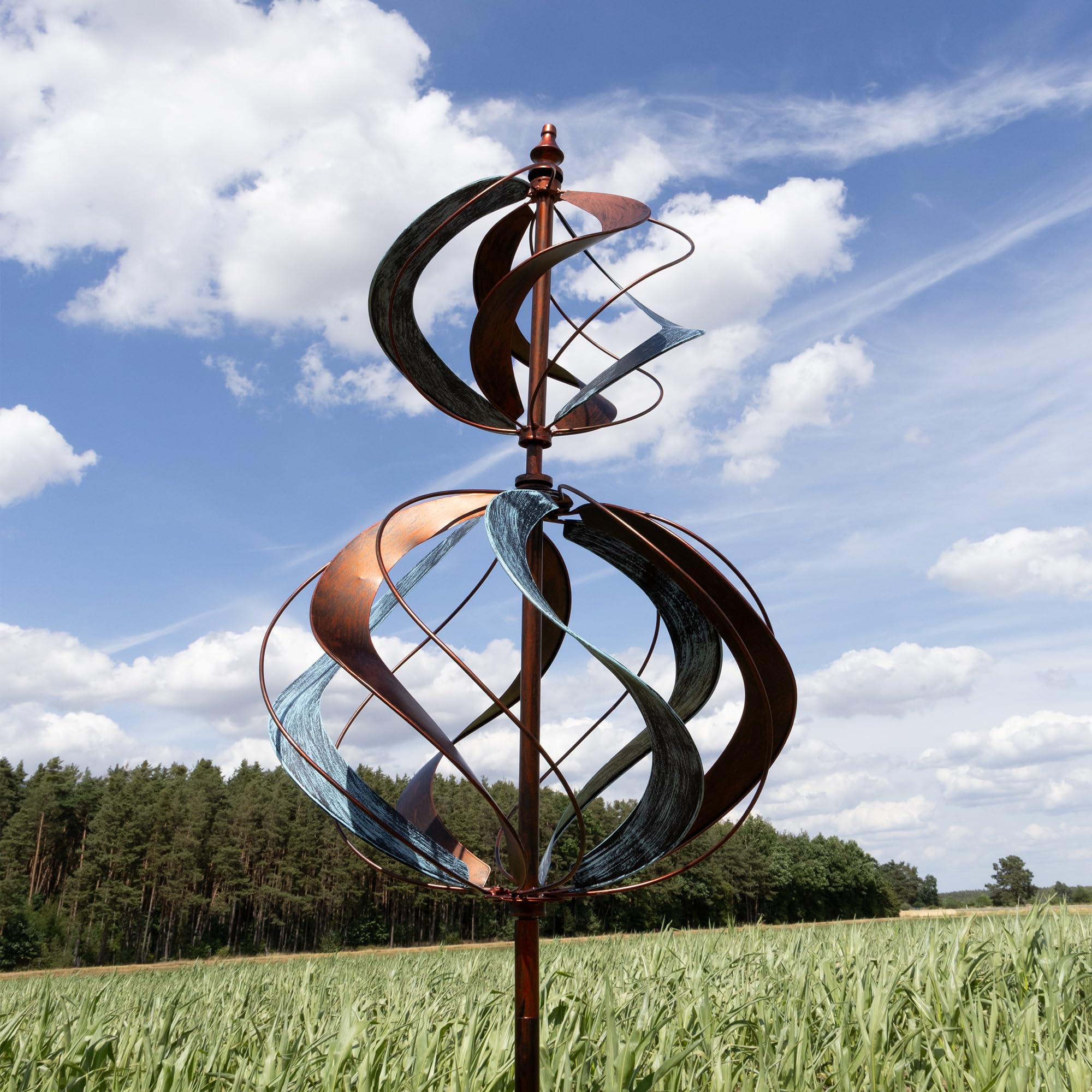 LEMODO Windrad Tulip mit gegenläufigen Rotoren | Gartendeko in 3 Höhen aufbaubar | Gartenstecker 213 cm hoch | Windmühle in Kupferoptik | Windskulptur mit Charme