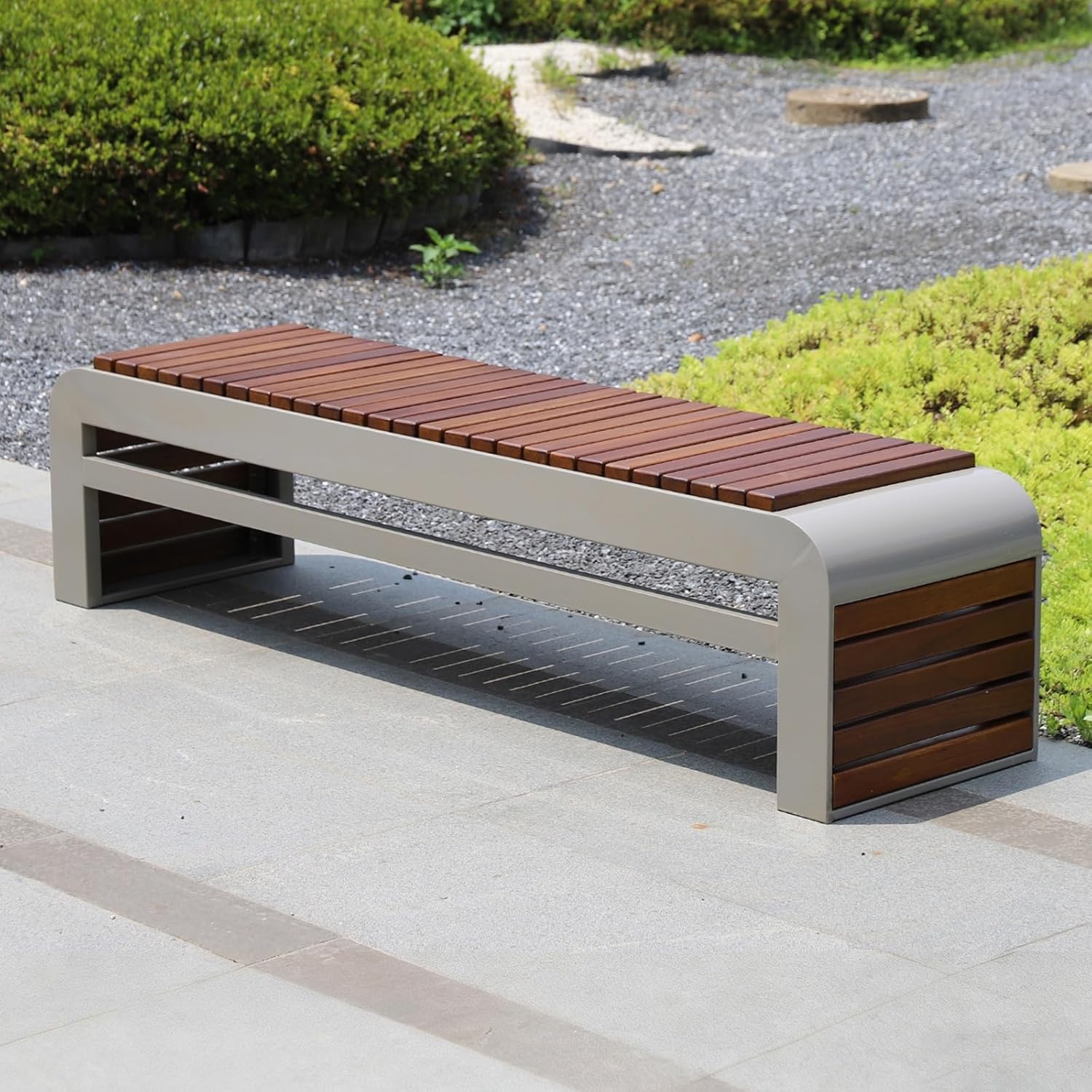 Heavy-Duty Metal Park Benches - Weatherproof Backless Outdoor Bench with Solid Wood Slats - Durable Stainless Steel Garden Seating - Supports 1100 lb Capacity