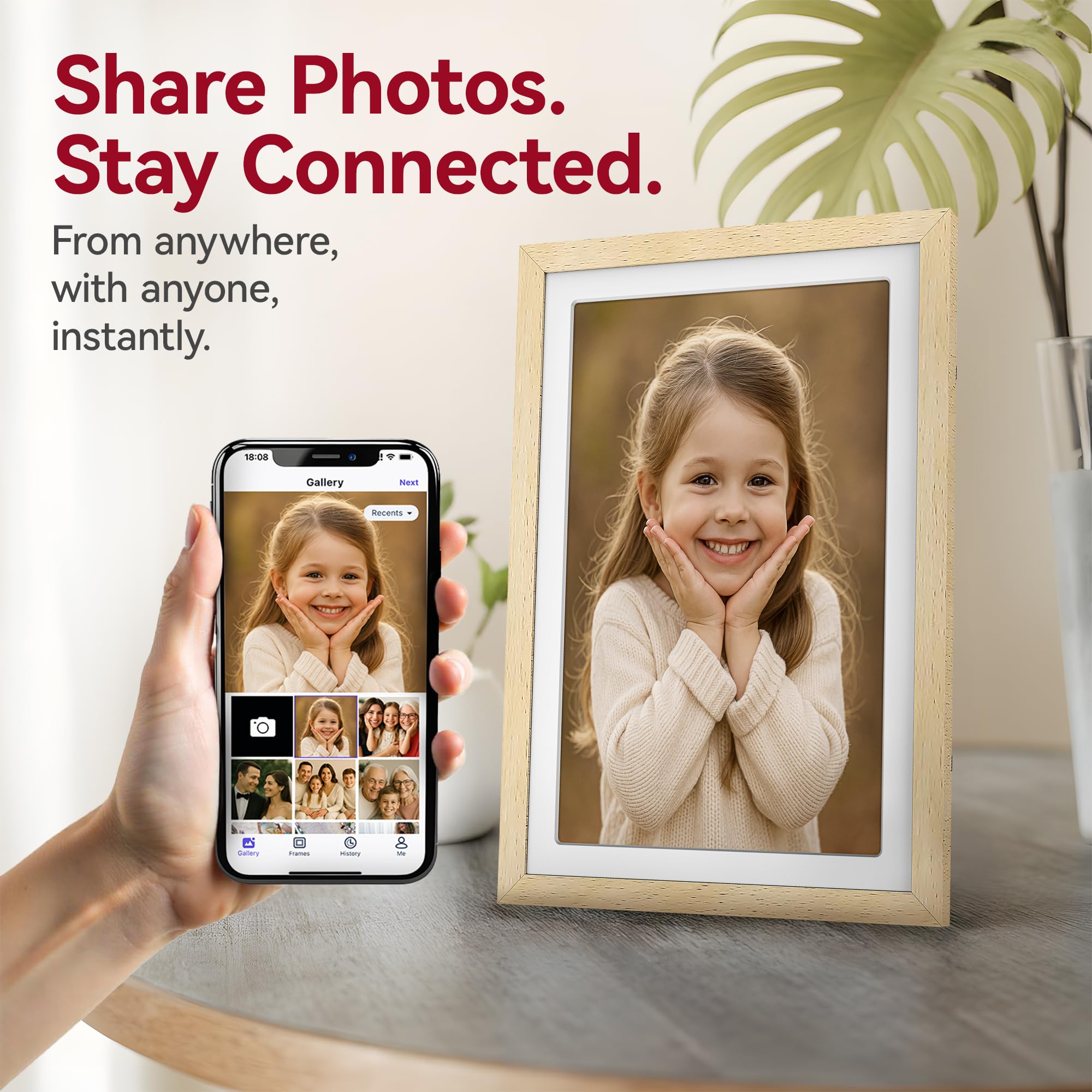 XORO Cadre Photo numérique WiFi de 10,1 ", 1920 x 1080 Full HD 1080p IPS, mémoire 32 Go, Rotation Automatique, Bois de hêtre, partagez instantanément des Photos de n'importe où