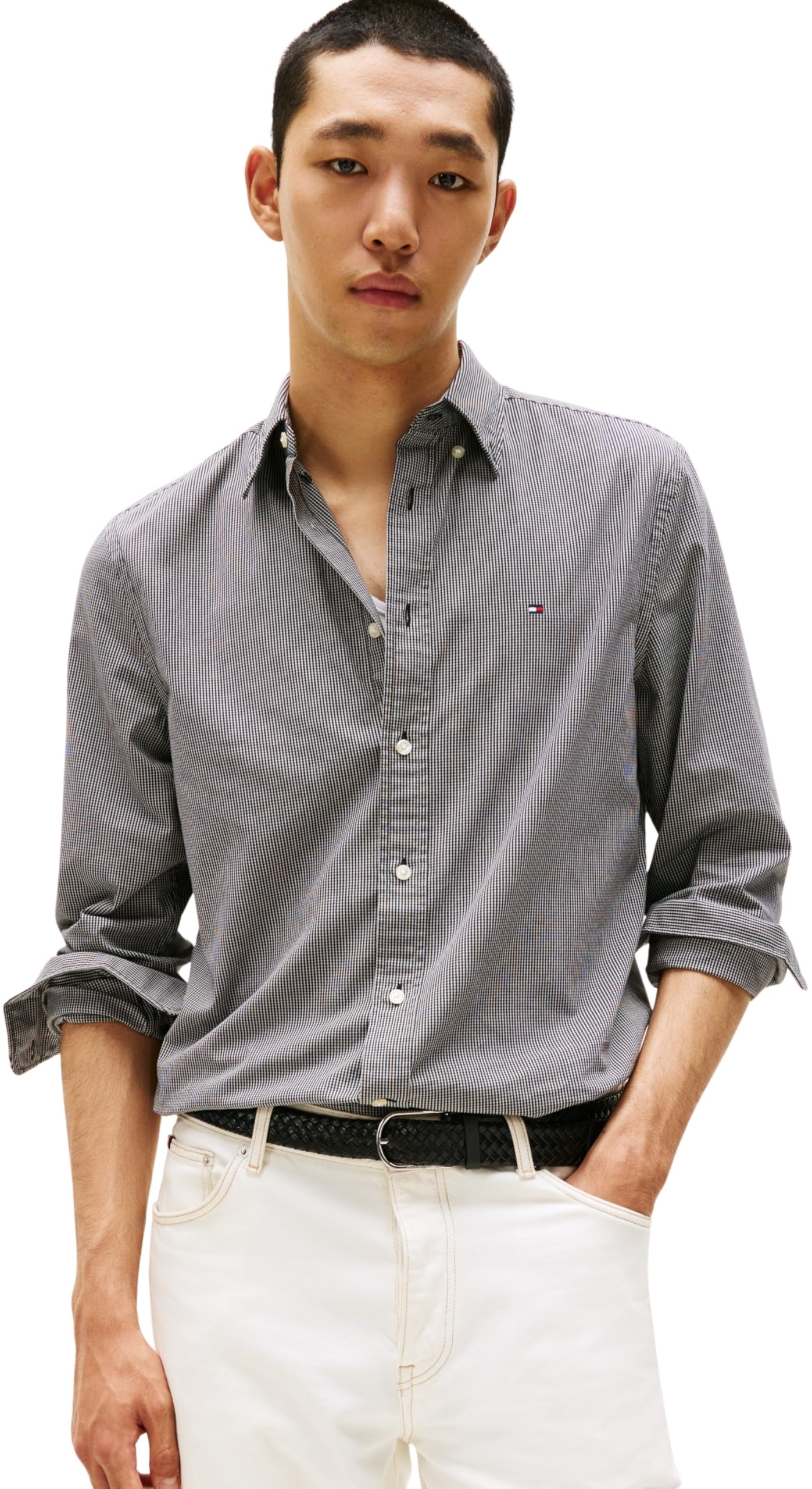 Tommy Hilfiger Men’s Flex Poplin Micro Gingham Regular Fit Shirt, Grey (October Grey/Check), M