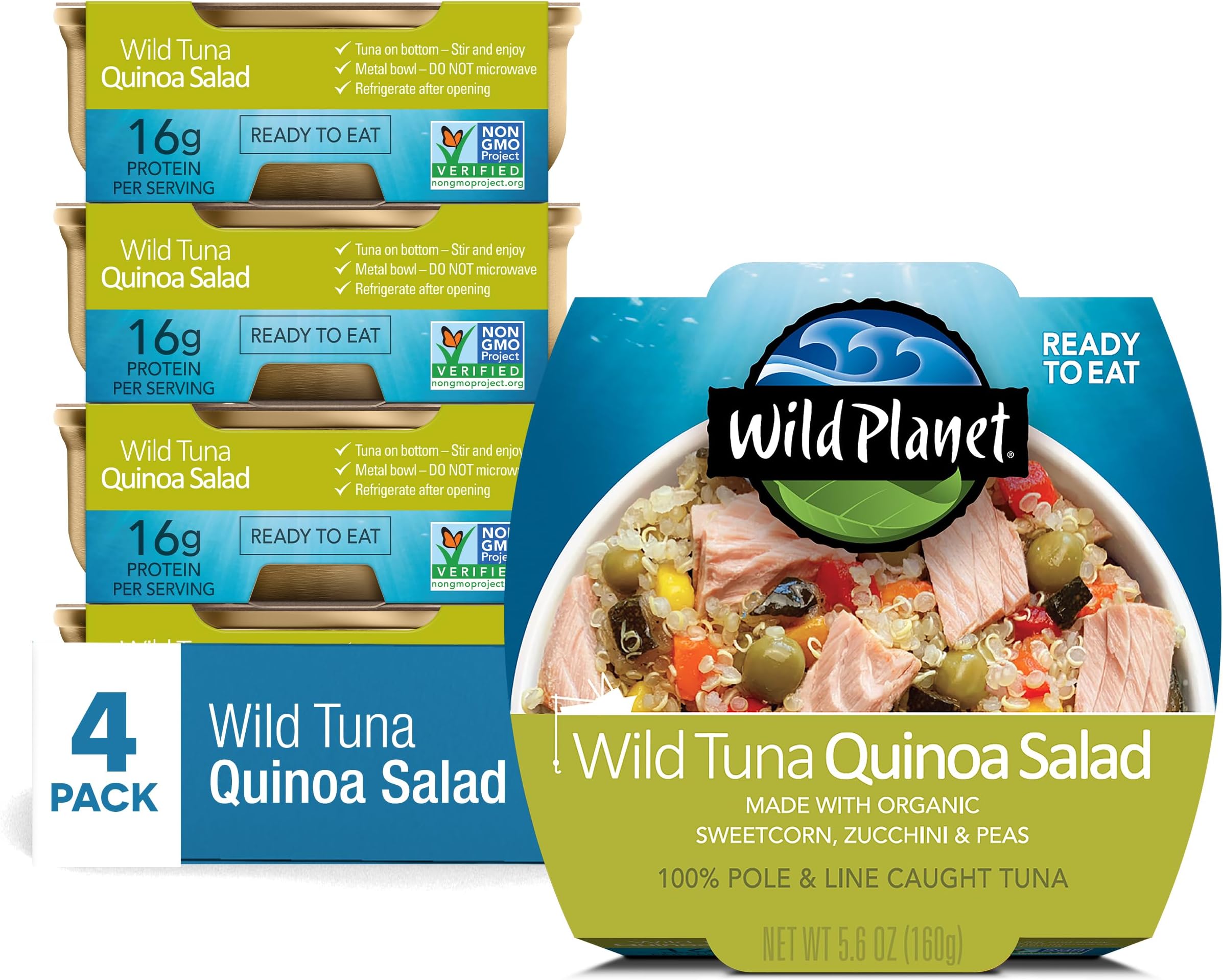 Wild Planet Ready-To-Eat Wild Tuna Quinoa Salad With Organic Sweetcorn, Zucchini & Peas, Tuna Salad, 5.6oz (Pack Of 4)
