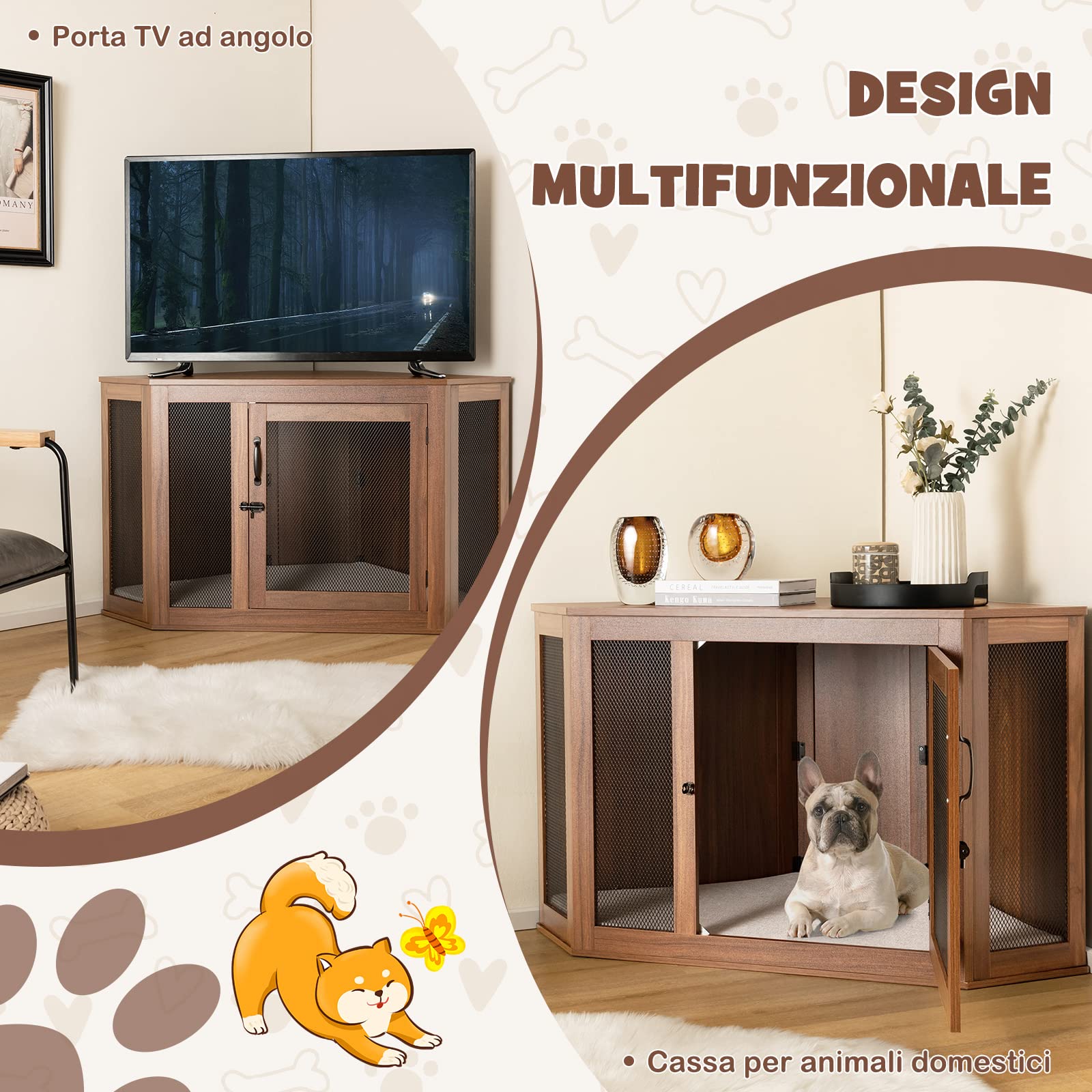 COSTWAY Gabbia per Cani ad Angolo, Casetta per Cani Angolare con Porta a Rete e Cuscino, Maniglia e Chiavistello, Mobile Kennel per Animali da Interno per Stanze e Appartamenti Piccoli