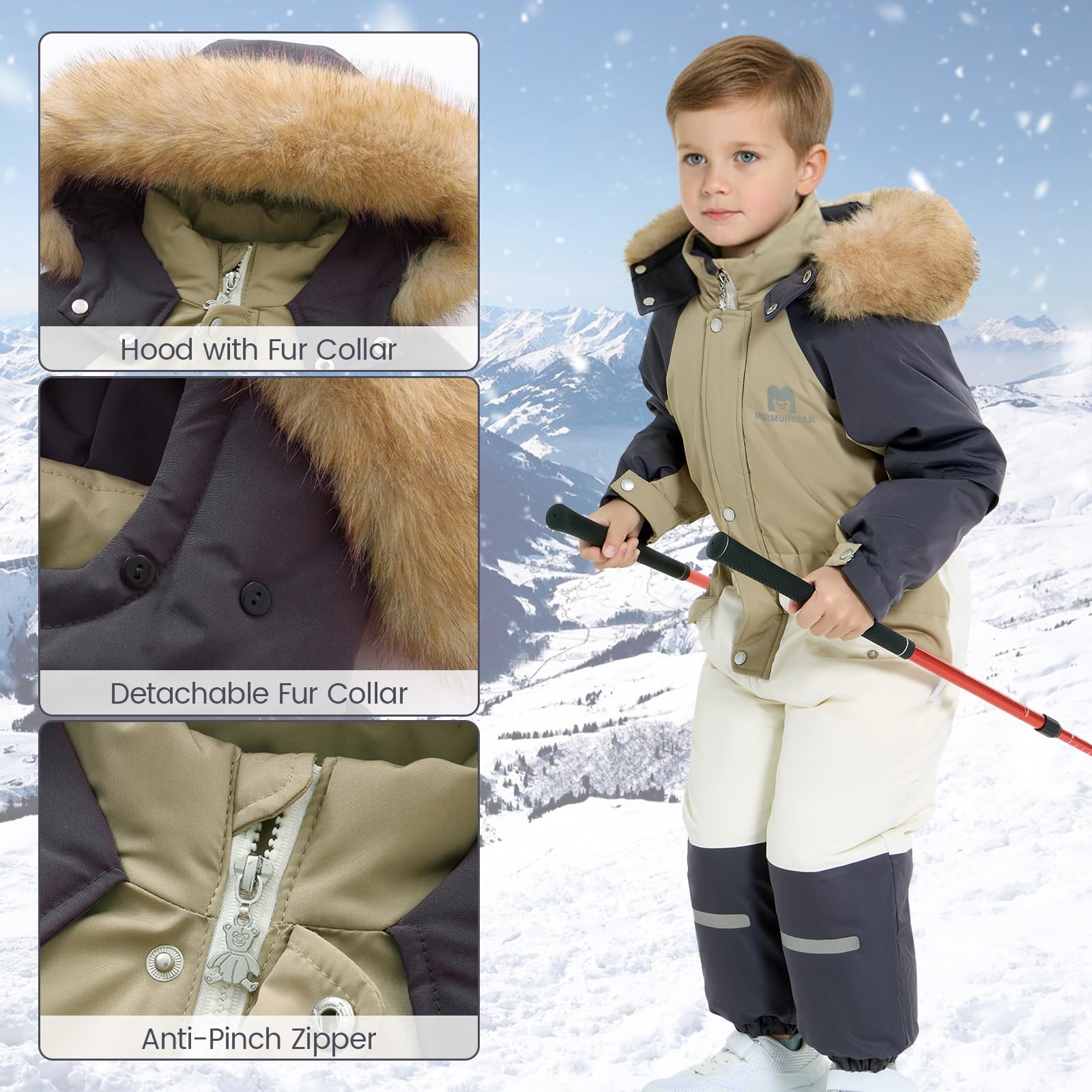 JiAmy Tuta da neve antivento per bambini, tuta invernale per bambini, con cappuccio, foderata in pile, con chiusura lampo per 1-6 anni