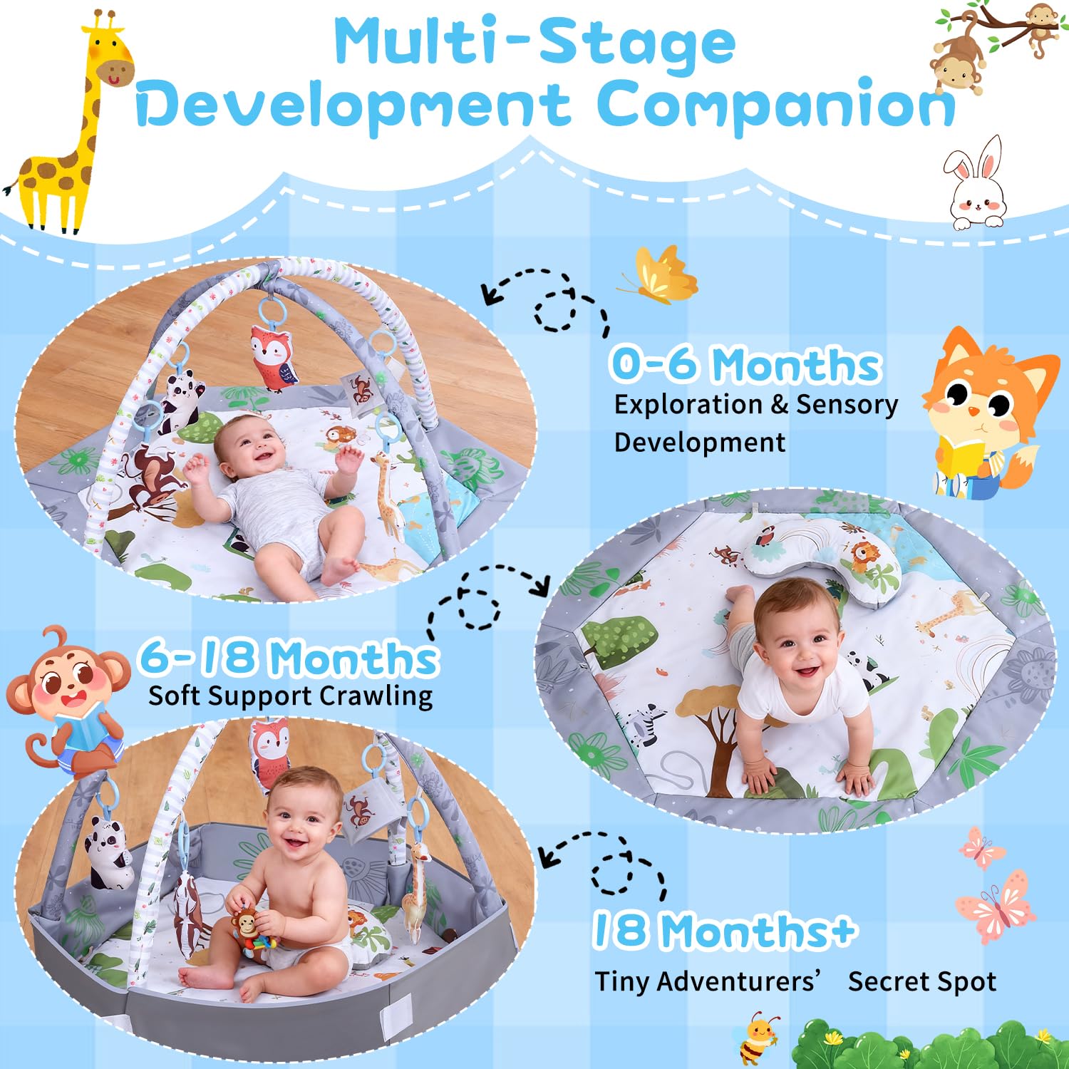 Palestrina Neonato con Arco Rimovibile, Palestrina Neonato Montessori con Cuscino per Tempo a Pancia in Giù, 5 Accessori Sensoriali Rimovibili, Lavabile e Morbido Tappetino Neonato Evolutivo