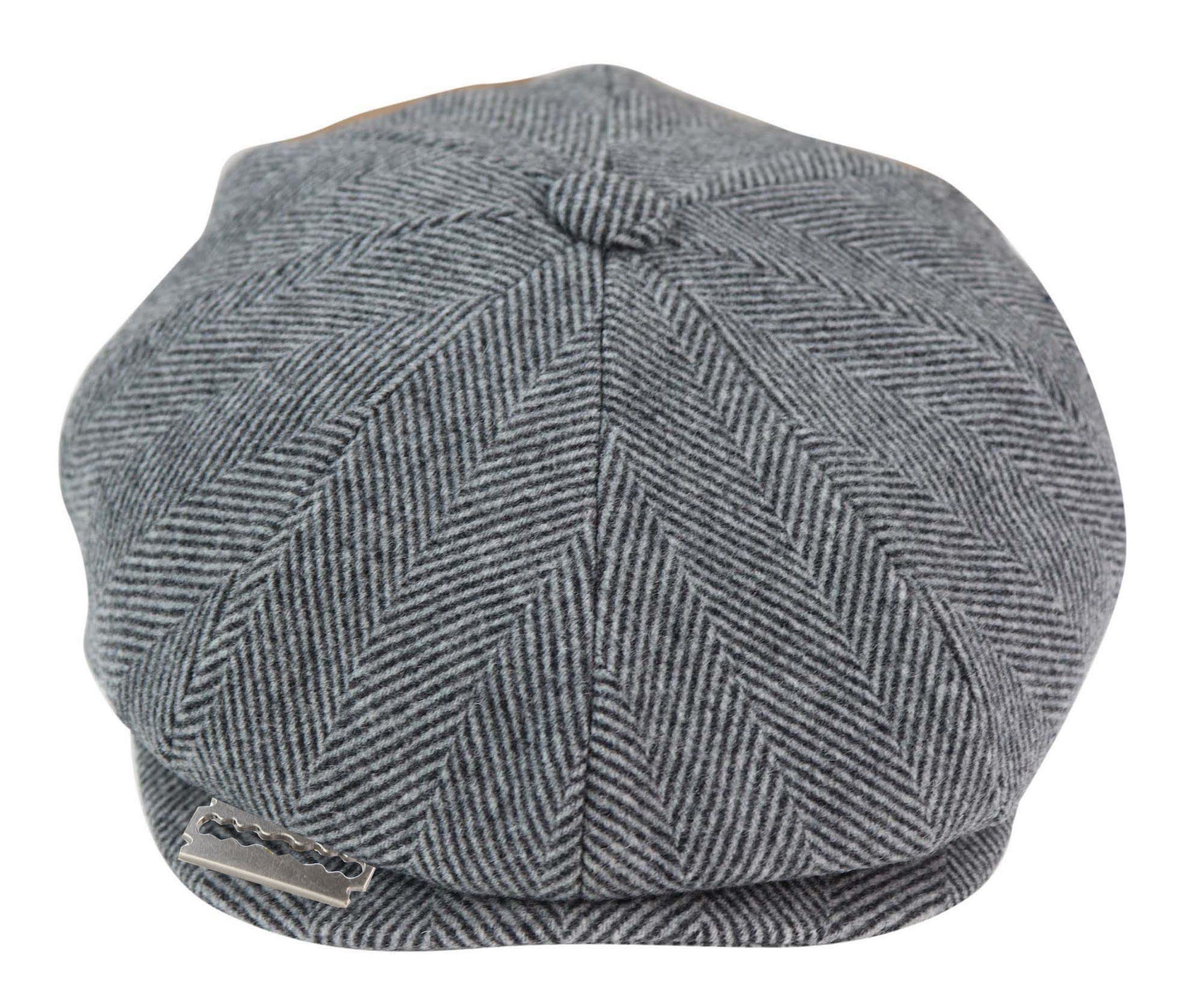 Infinity Leather Mens Blinders Tweed Gatsby Flat Baker Hat with Razor Blade S Grey
