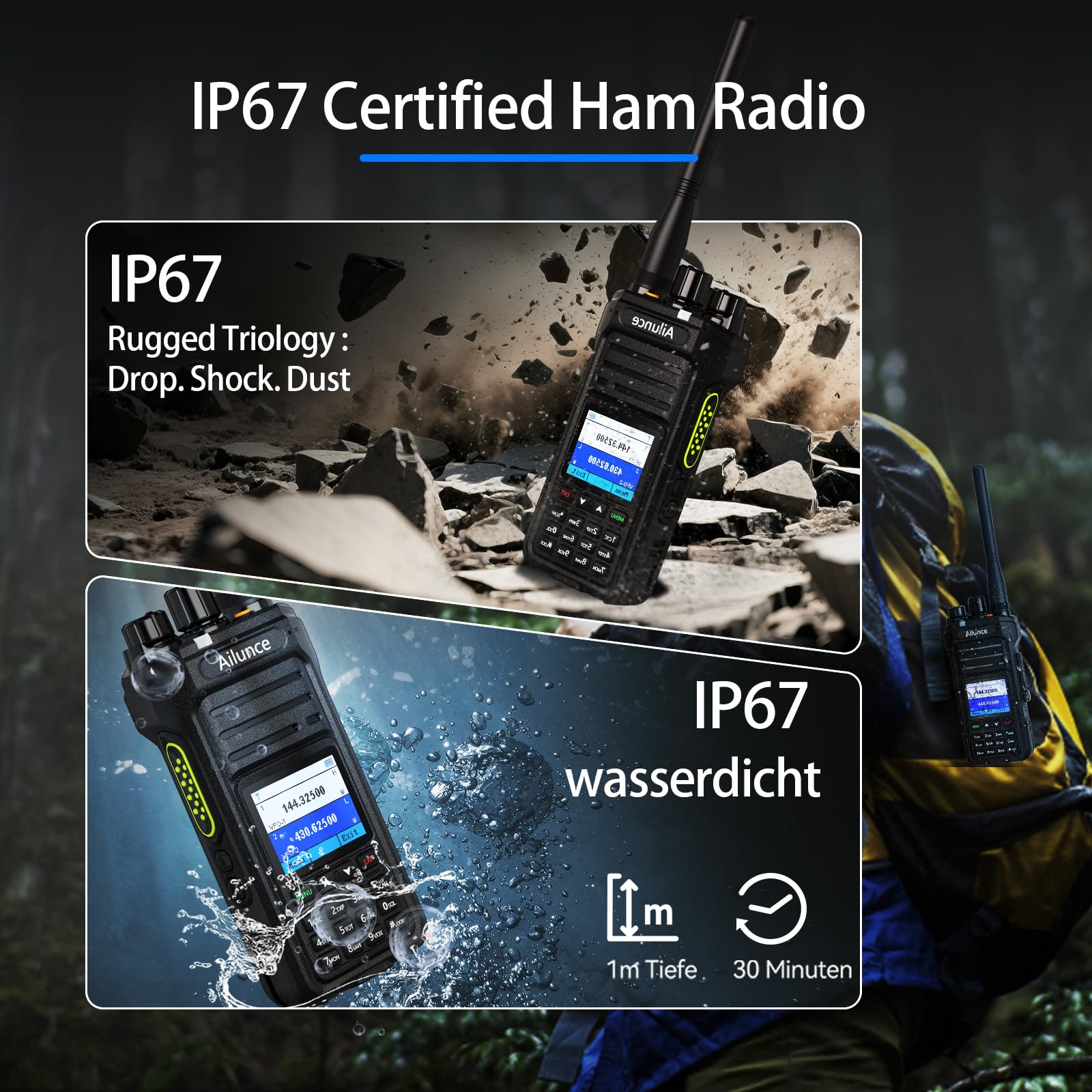 Retevis Ailunce HA1UV Emisora Radioaficionado, IP67 Emisora Caza | Doble banda, Impermeable, Chirp, Am FM, 2800mAh, USB-C, Robusto, emergencia, para cazar, hacer senderismo