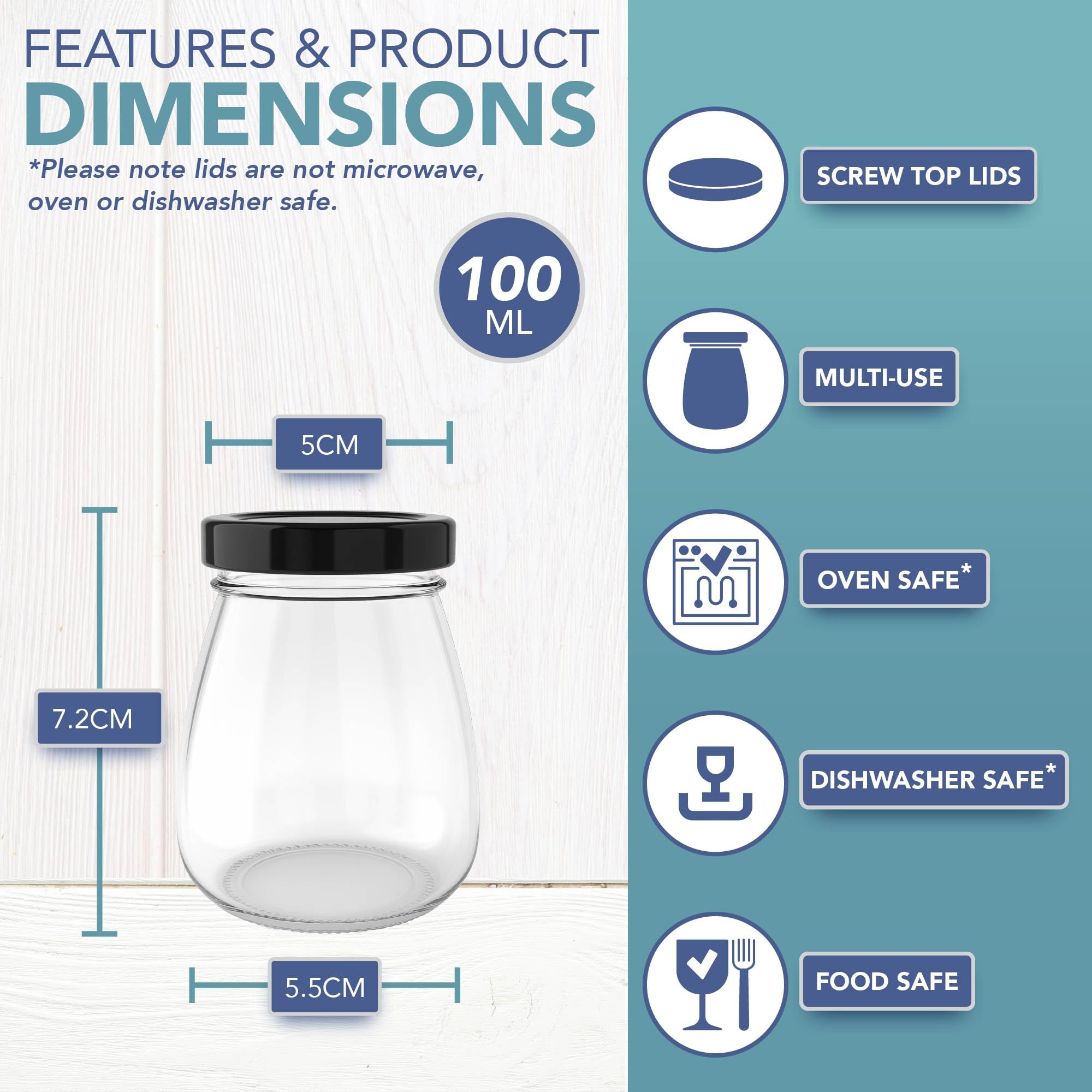 HEFTMAN Tarros pequeños de vidrio con tapas, juego de 6 botellas de chupito de vidrio herméticas vacías de 100 ml con tapas, tamaño de viaje, ollas a prueba de fugas, ollas de yogur, mini tarros de