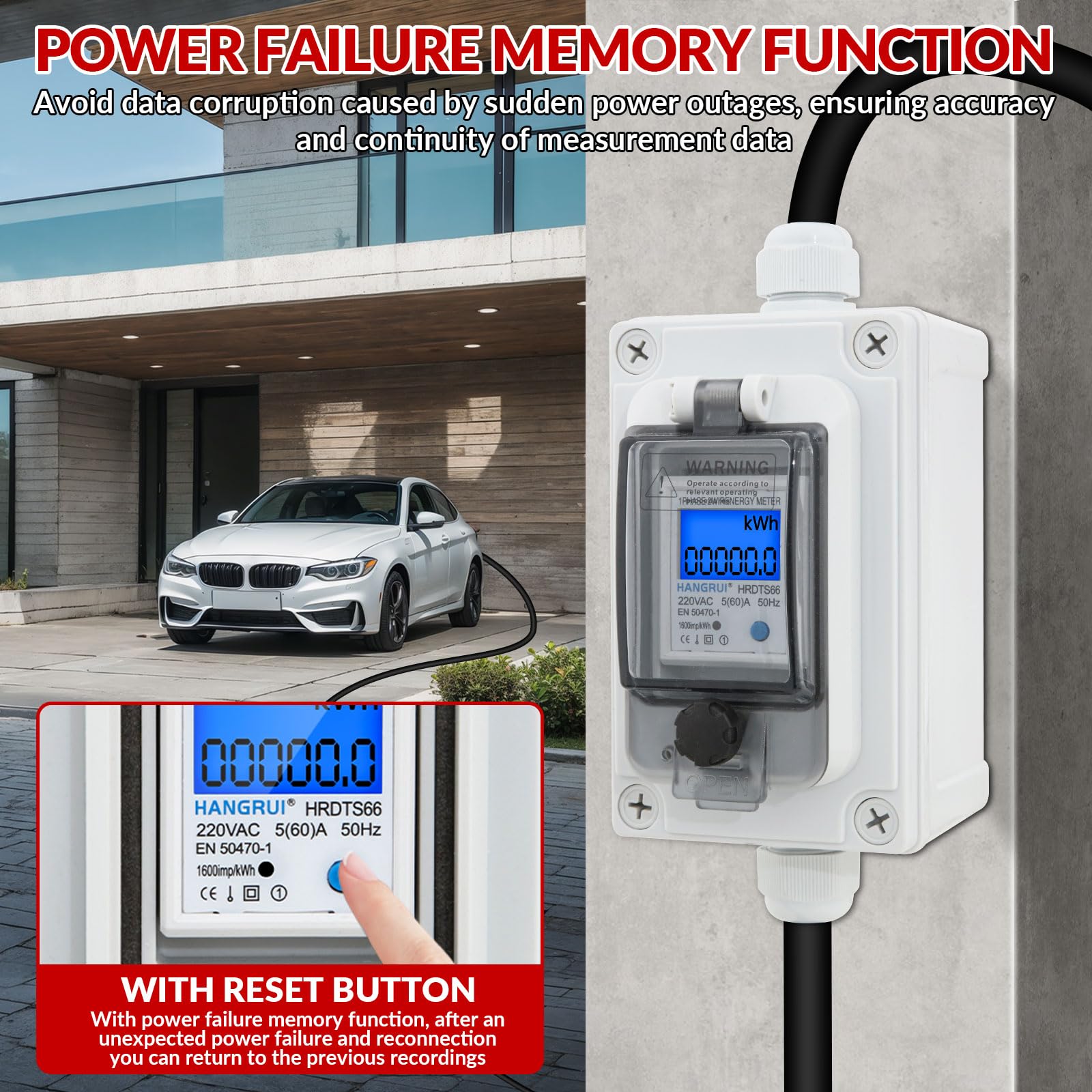 Contatore digitale mobile, 16 A, 230 V, IP65, impermeabile, contatore intermedio KWH con spina CEE per presa, adatto per camper, veicoli elettrici e casa