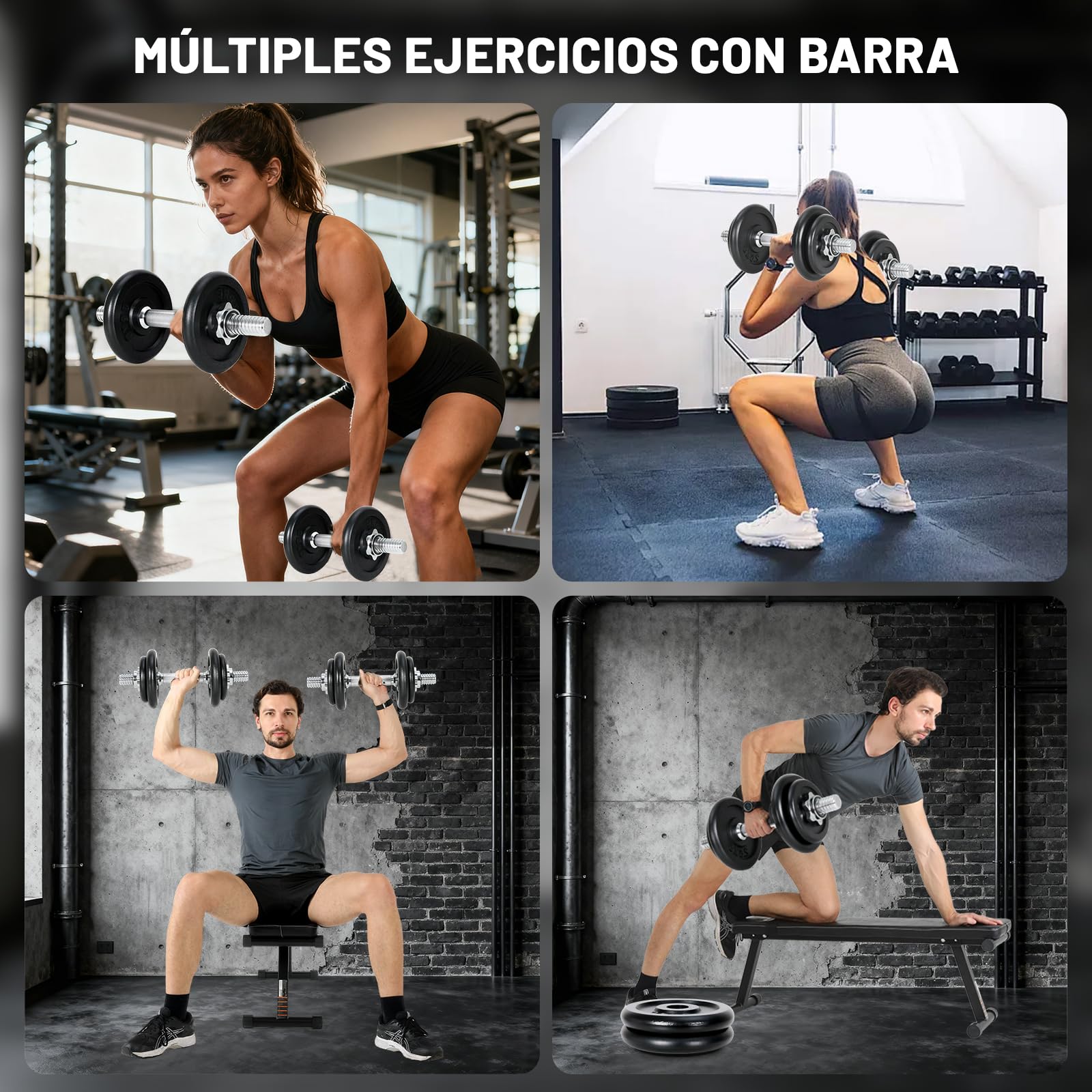 Mancuernas Ajustables 2-EN-1, Barra Pesas Ajustables 10kg 15kg 30kg, Juego de Mancuerna para gimnasio en casa, Dumbbell Set de hierro fundido, Barra De Pesas Kit Negro