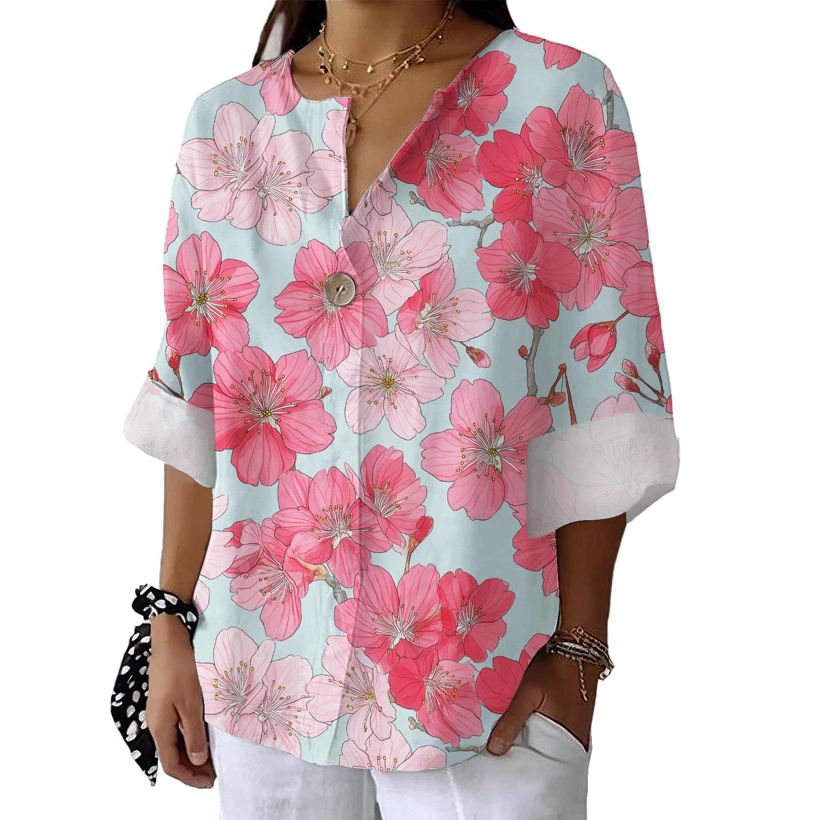 Boho Floral Graphic Shirt for Women Summer Trendy Casual 3 4 Sleeve Blouse Fashion Loose V Neck Pullover