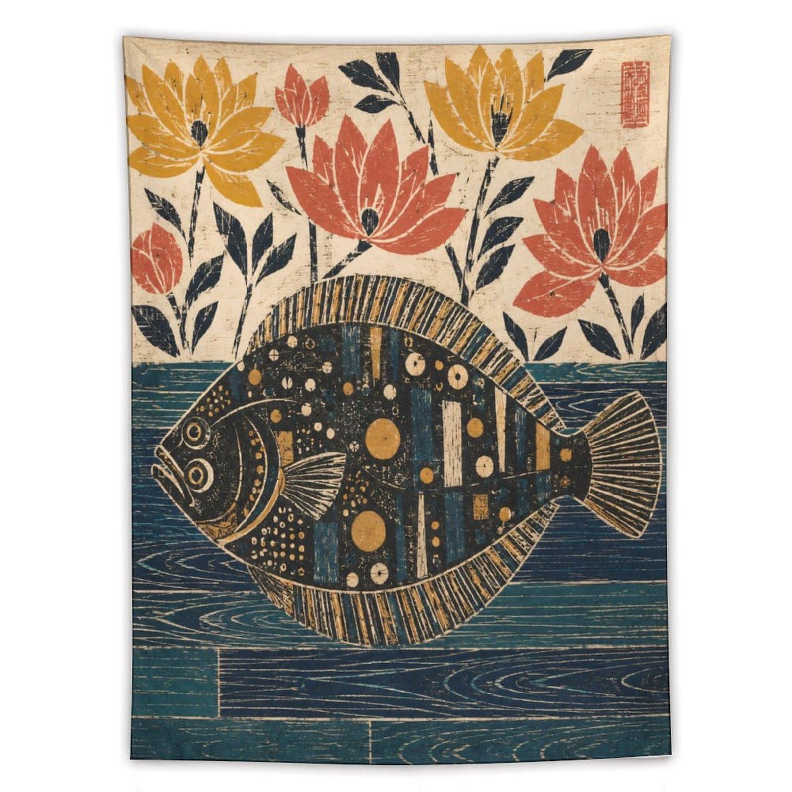 H3B8U2Y5 Folk Art Flounder Wall Tapestry, Realistic Illustration, Sofa Area