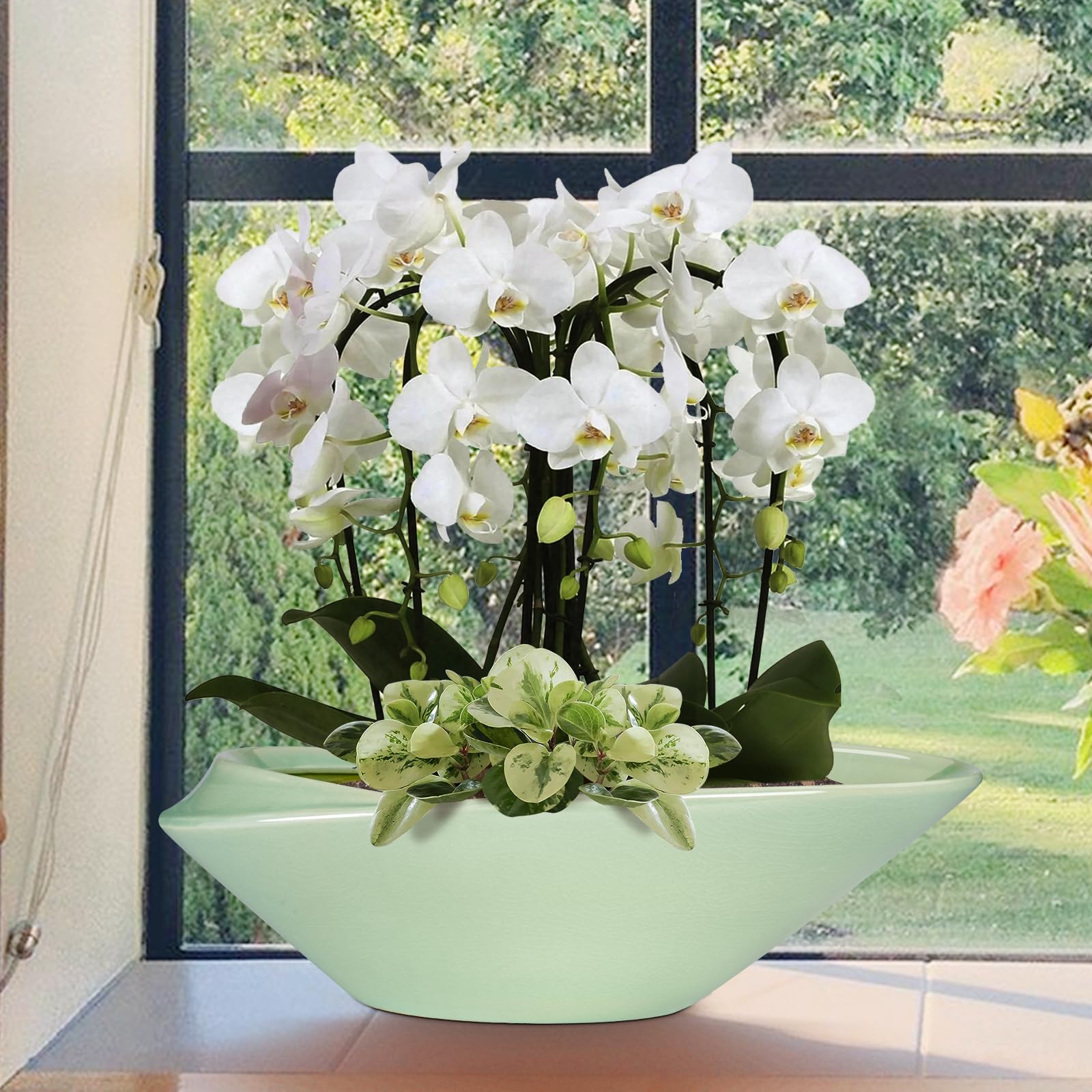 Bonsai-Topf aus Keramik, 45,7 cm, Pflanzgefäß mit Ablaufloch, großer moderner Bonsai-Pflanzgefäß, dekorativer Sukkulenten-Blumentopf für Zimmerpflanzen, Outdoor, Grün