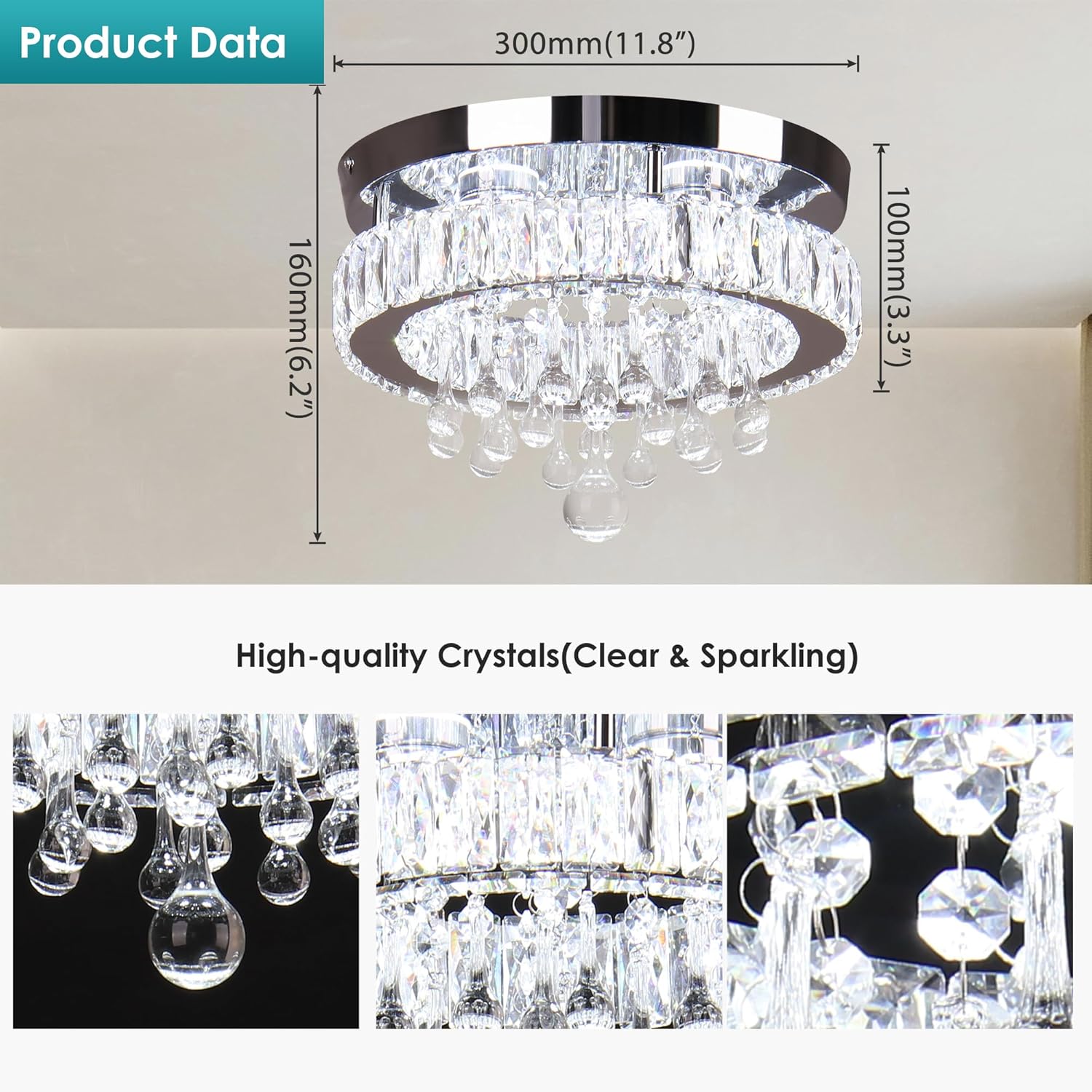 11.8" Crystal Chandeliers Flush Mount Chandelier Ceiling Light Fixture Modern Crystal Ceiling Light for Bedroom Living Room Hallway 6500K White Light