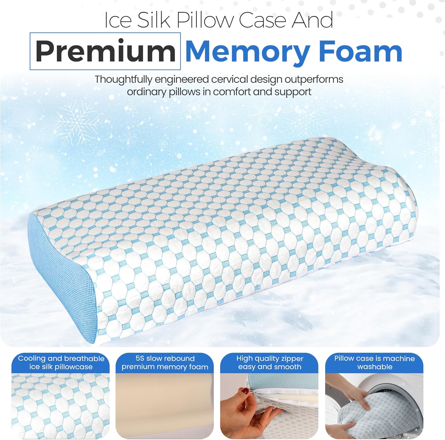 OSWIN Cervical Pillow for Neck Pain Relief-Adjustable 3 Layer Memory Foam Neck Support Pillow for Side & Back Sleepers,Ergonomic Countour Design,Cooling Breathable Cover