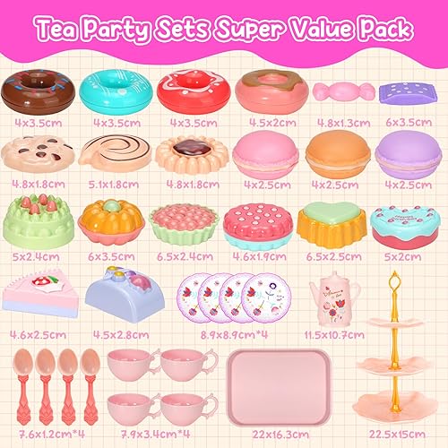Miniatura 3 de Juego de 42 piezas de fiesta de té de plástico para niñas, con soporte de postre de 3 niveles y estuche de transporte, juegos de té de juguete para
