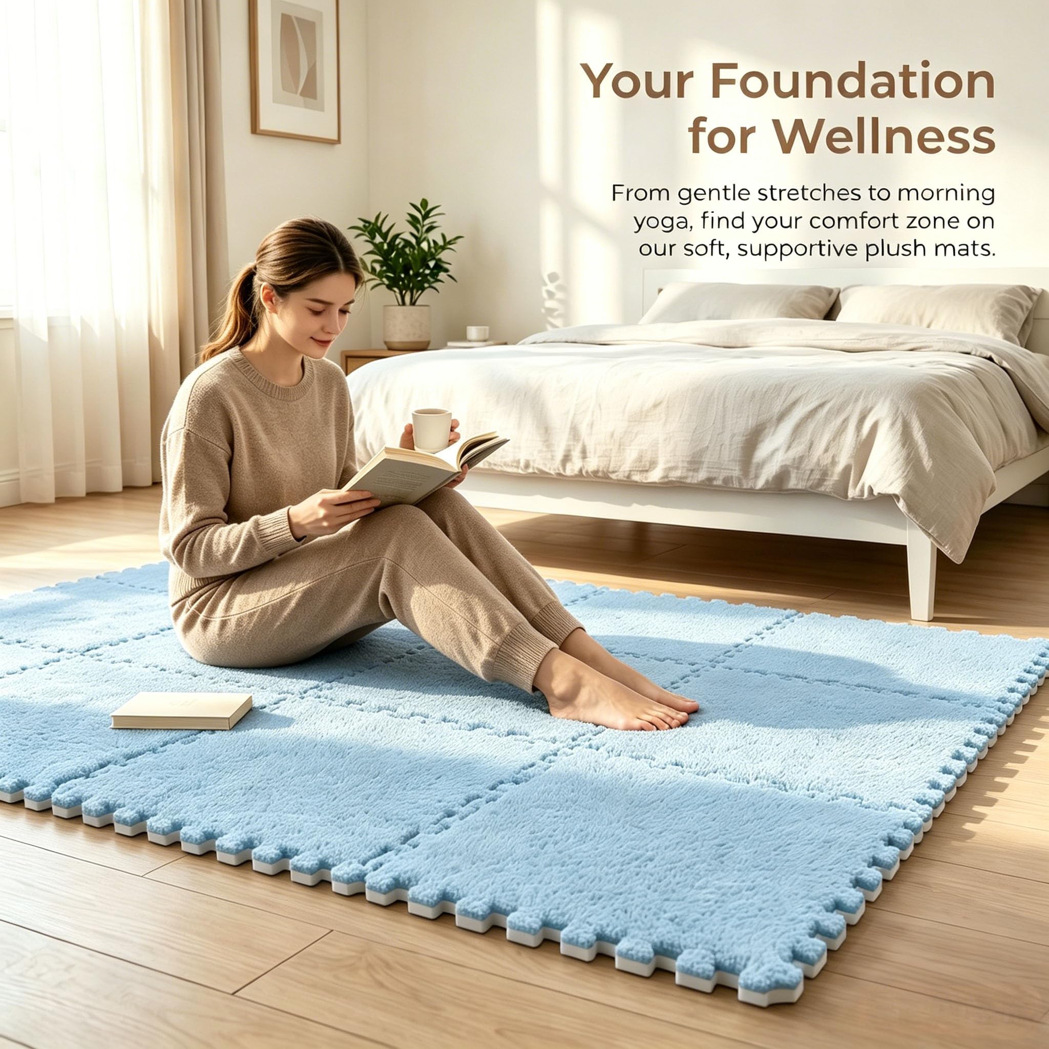 Lot de 12 tapis puzzle emboîtables en peluche, 30 x 30 cm, tapis puzzle en mousse, tapis de sol, tapis puzzle pour bébé, tapis de sol en mousse, pour salon, chambre à coucher, bleu ciel