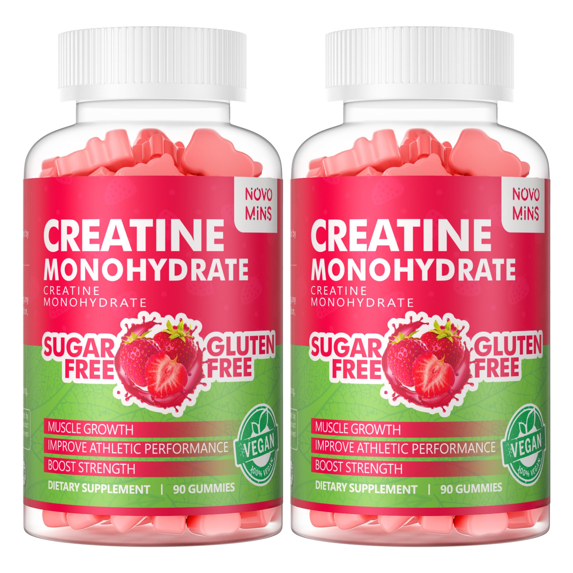 novominsCreatine Monohydrate Gummies 5g for Men Women - Sugar Free Chewable Supplement. 180 Gummies Strawberry