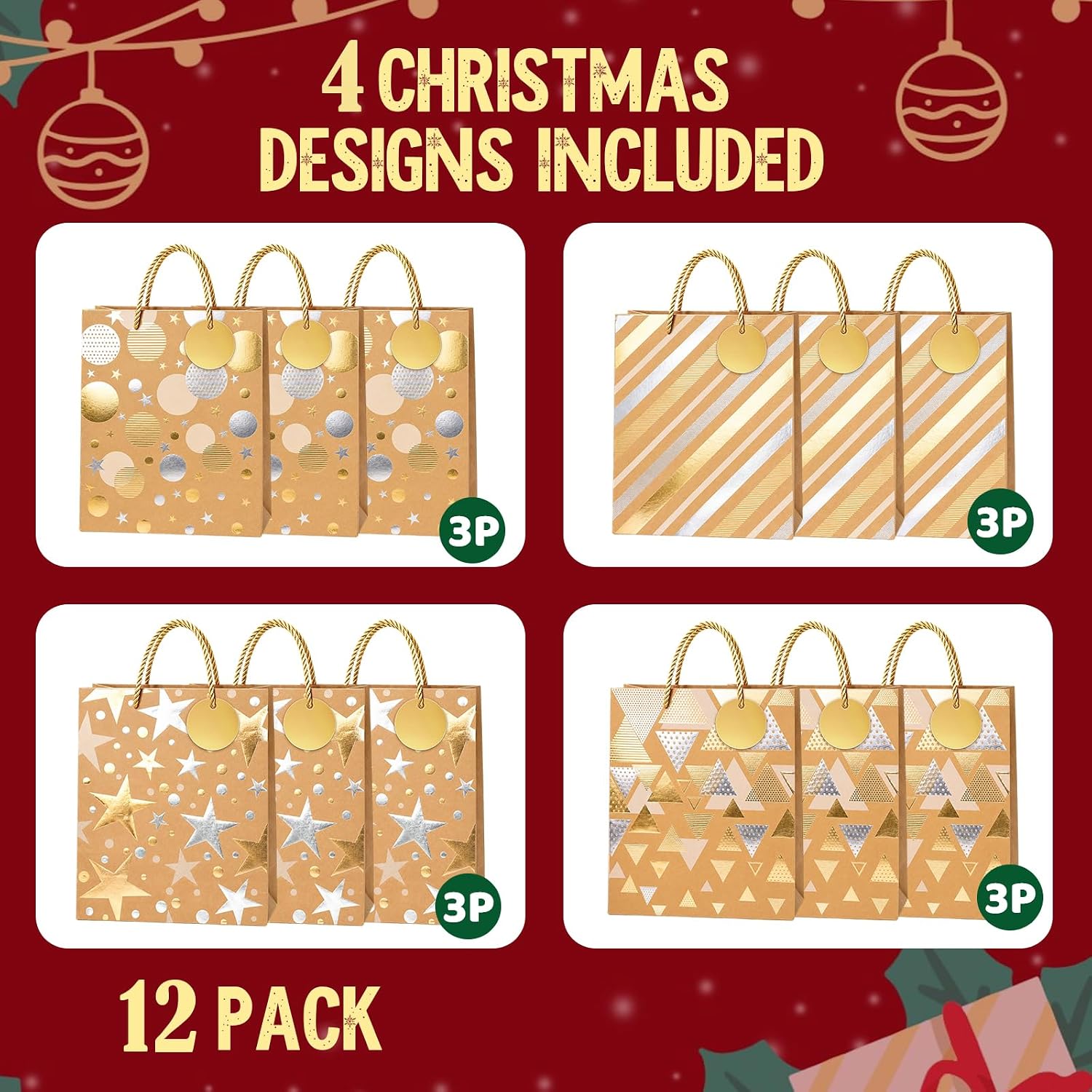 12Pcs Paper Bags with Handles, Christmas Kraft Gift Bags with Four Patterns image 3
