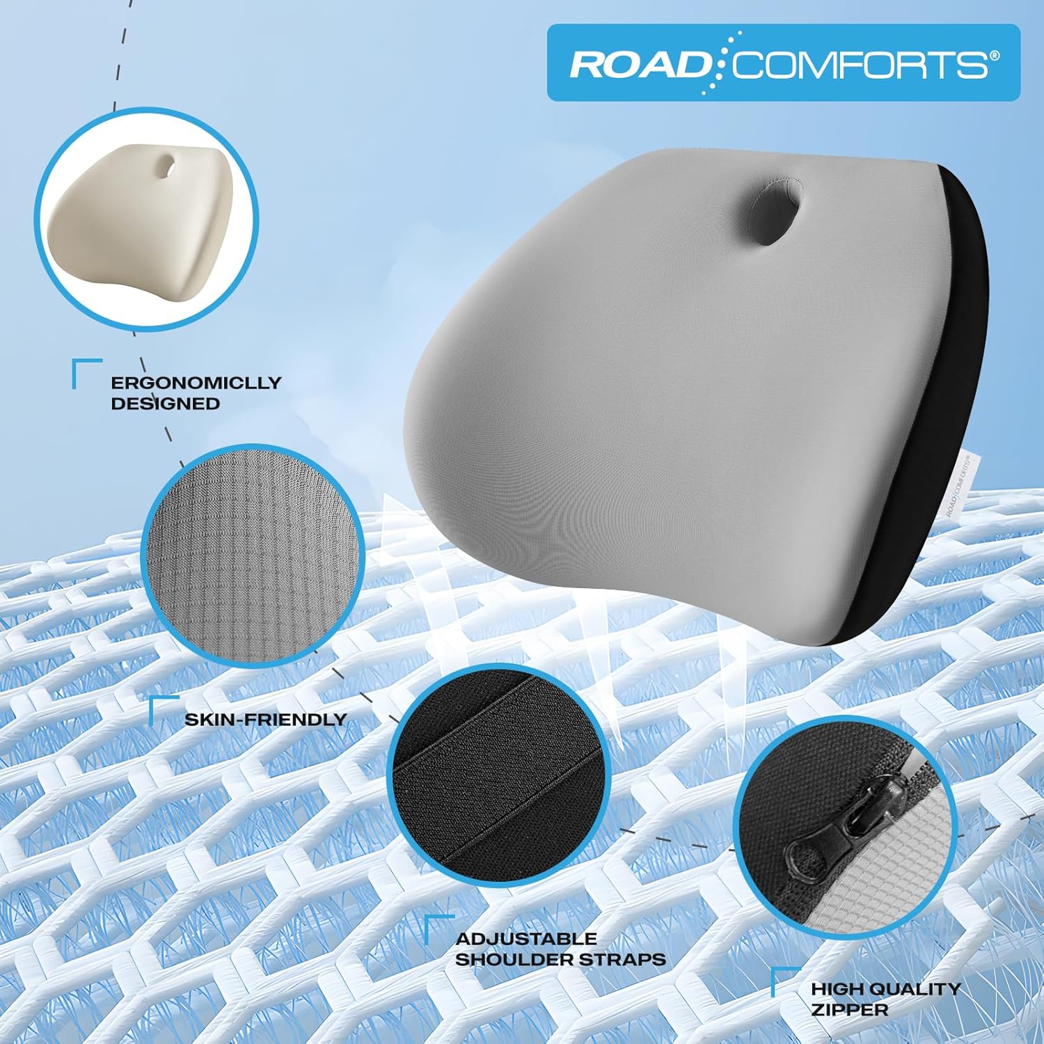 Road Comforts Memory Foam Lumbar Support Pillow – Ergonomic Back Cushion for Office, Car, Home & Travel – Lower Back Pain Relief, Removable Washable Cover (Gray)
