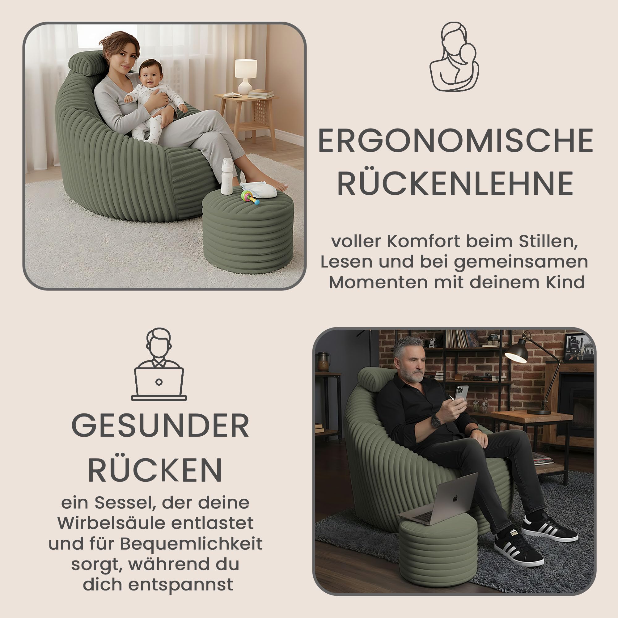 DreamRoots Sitzsack Erwachsene Cord, Sessel mit Hocker, Grün | Bean Bag Chair, Lesesessel, 92x70x100 cm, Kopfstütze & Aufbewahrungstasche, superweich, waschbarer Bezug, 420 g/m²