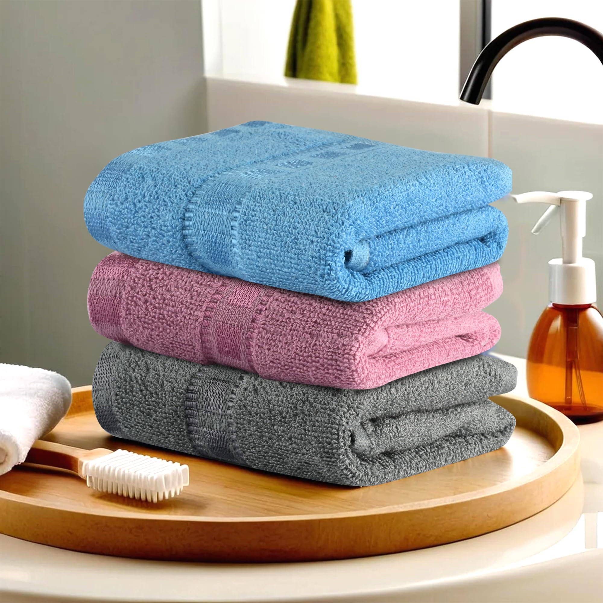 Urbane Home Pack of 3 Cotton Hand/Face Towels for Men & Women | Easily Washable | Workout Gym Napkins for Men | Pocket Towel - Grey-Pink & Sky Blue-image-24