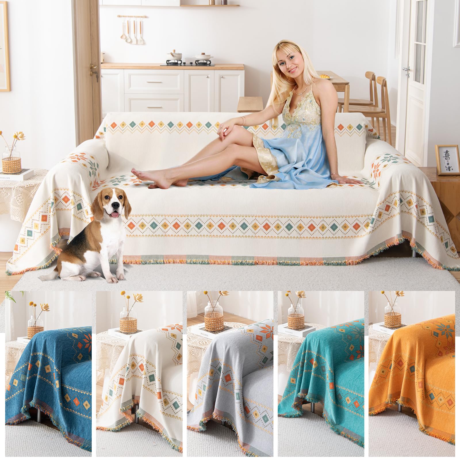 Copridivano Bohemian, Copridivano Universale Quattro Stagioni, Copritutto per Divano Arredamento per La Casa, Coperta per divano in Ciniglia con Frangia Delicata 180 * 340cm-Beige