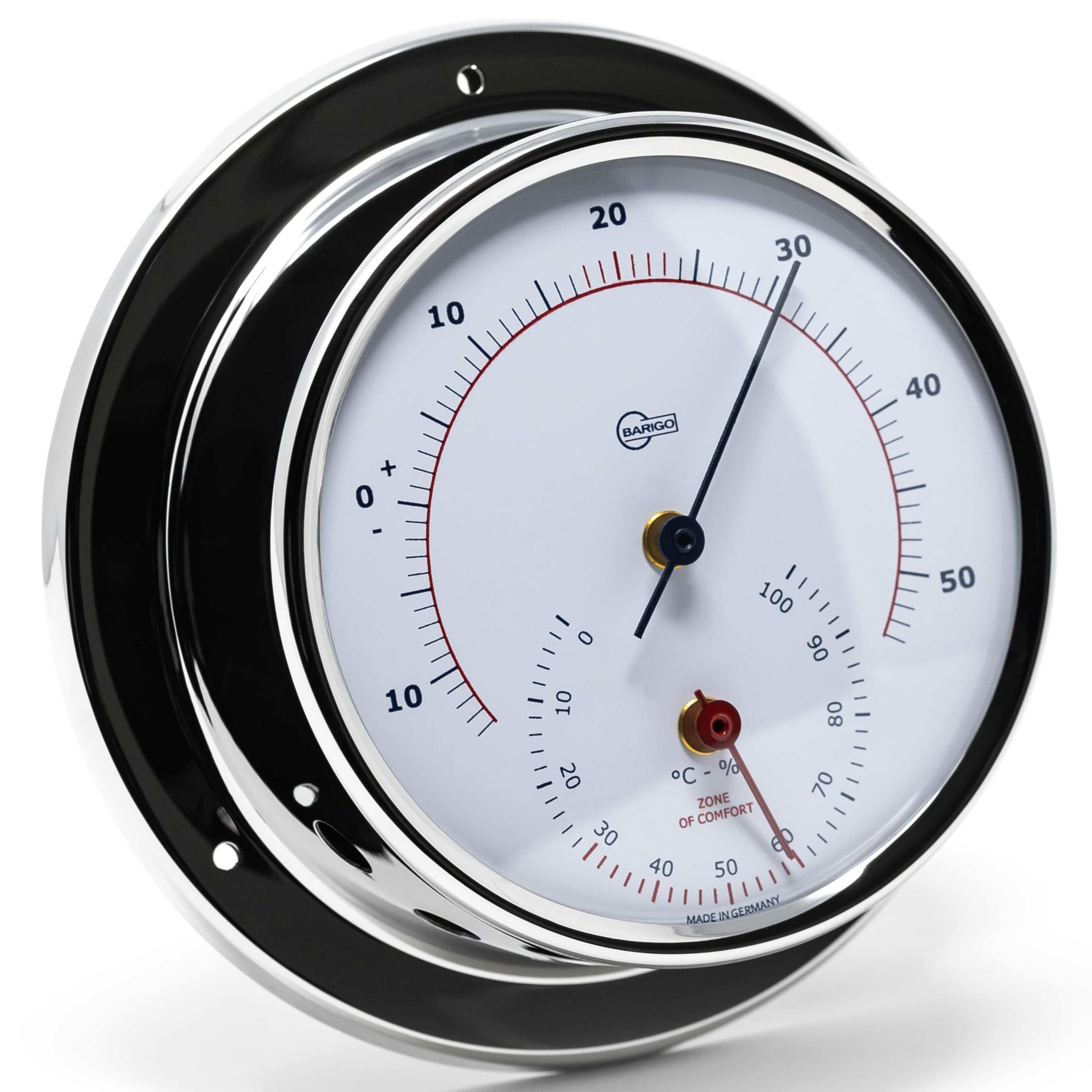 BARIGO 983RFPO.AV SKY - Termoigrometro sintetico, 110 x 35 mm, con termometro bimetallico, in acciaio inox lucido, scala rosso-blu