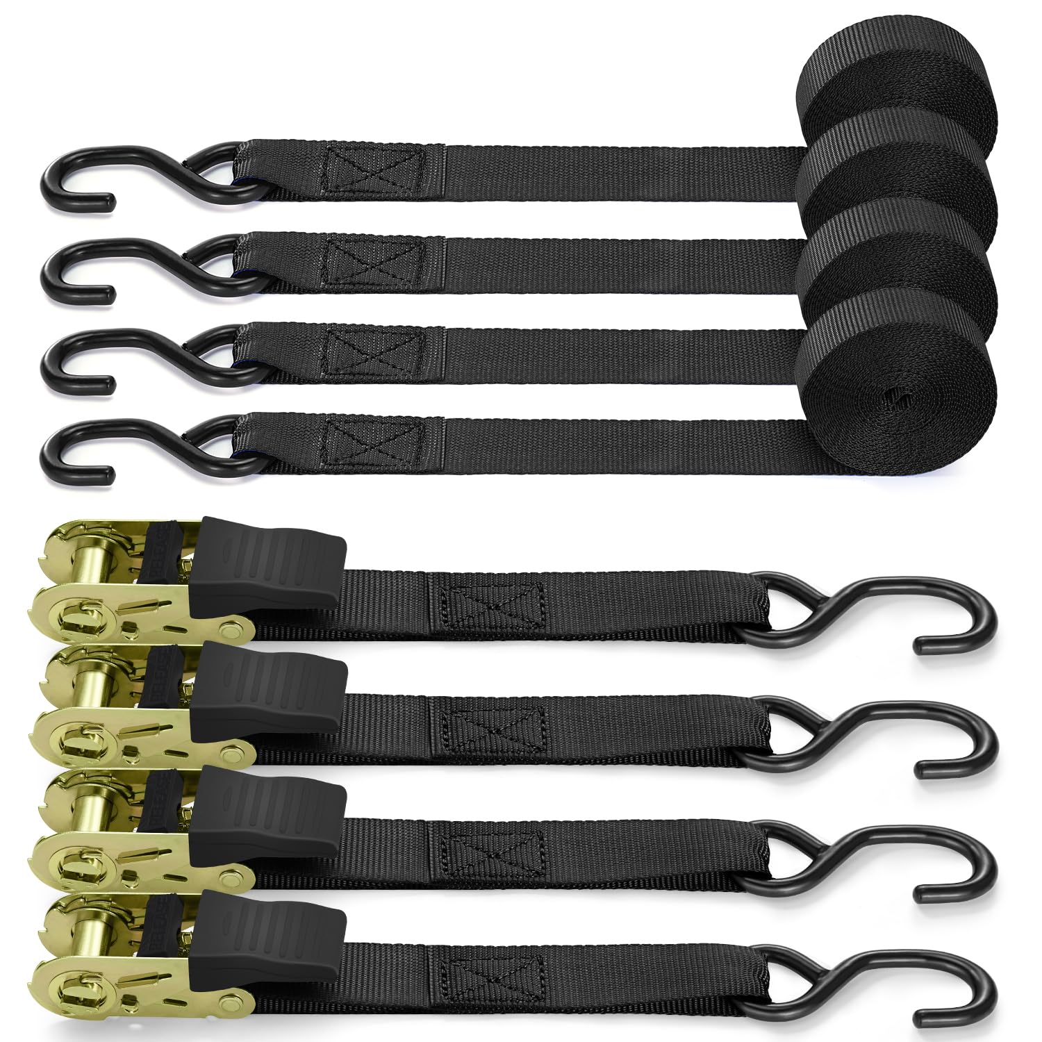 FORTEM Ratelriemen, 748 KG Breeksterkte, 4 4.57M Spanriemenset, 4 Zachte Lussen, Motorriemen, Spanriemen, Vrachtriemen Voor Vrachtwagens, Rubberen Handgrepen, S-clips, Gecoate Metalen Haken, (Groen