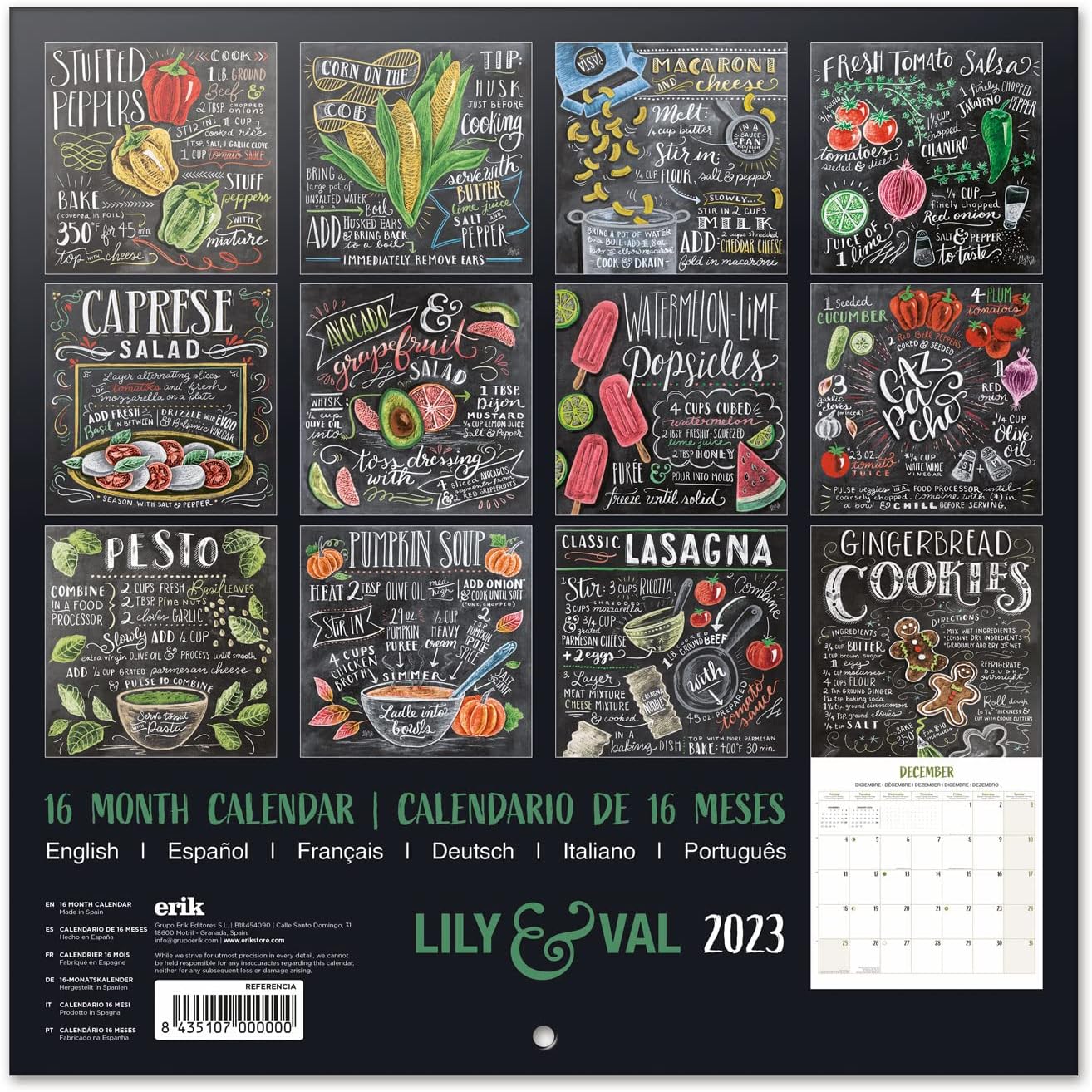 Grupo Erik Lily and Val Recipes Wall Calendar 2023 FSC 12 Month Planner Square, Family Planner, Kitchen Calendar 2023, + 4 Bonus Months, 12' x 12'
