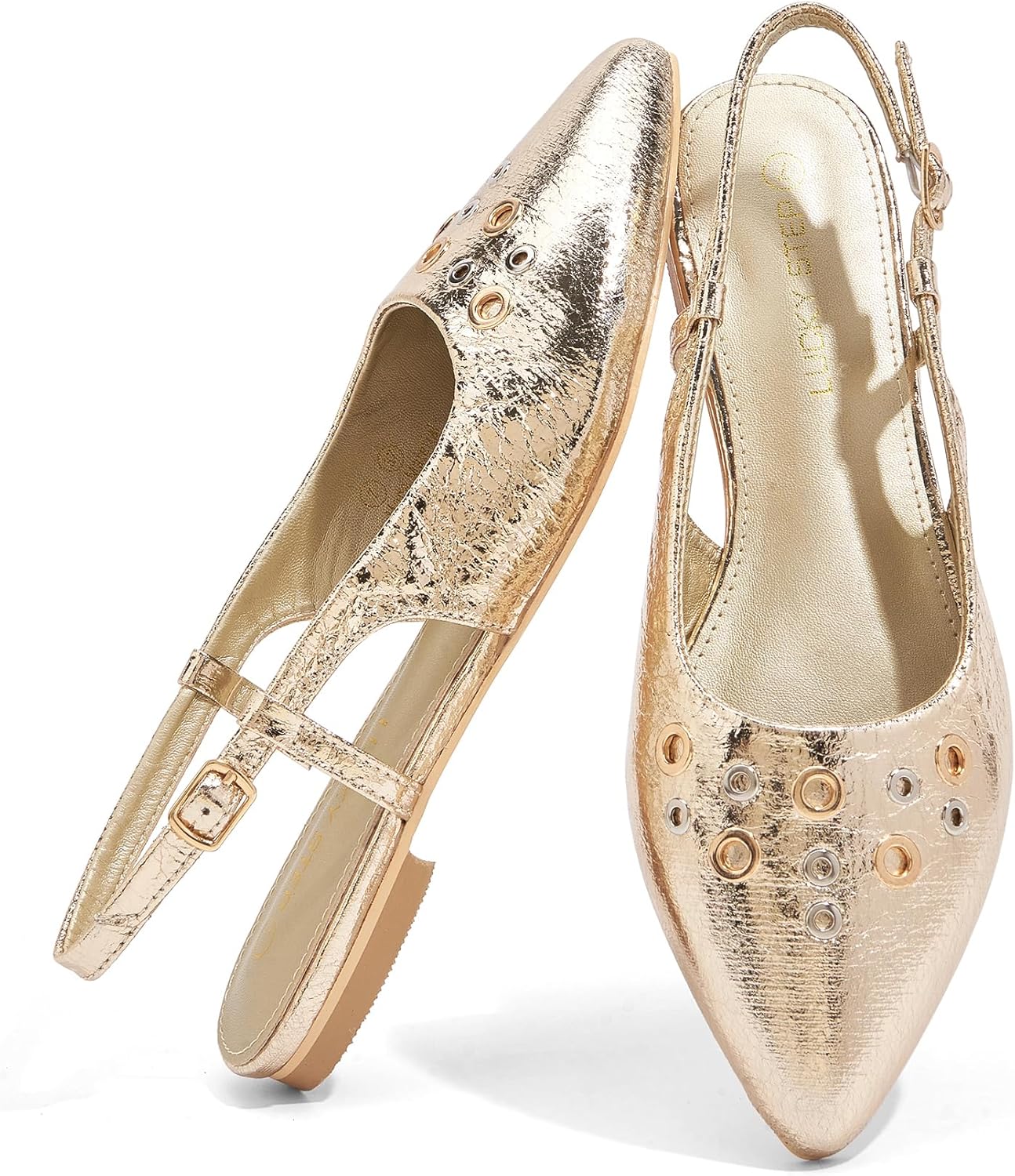 LUCKY STEP Women's Slingback Flats Studded Pointed Toe Slip On Adjustable Buckle Strap Low Heel Sandals Wedding Low Heel Dress Ballet Party Shoes