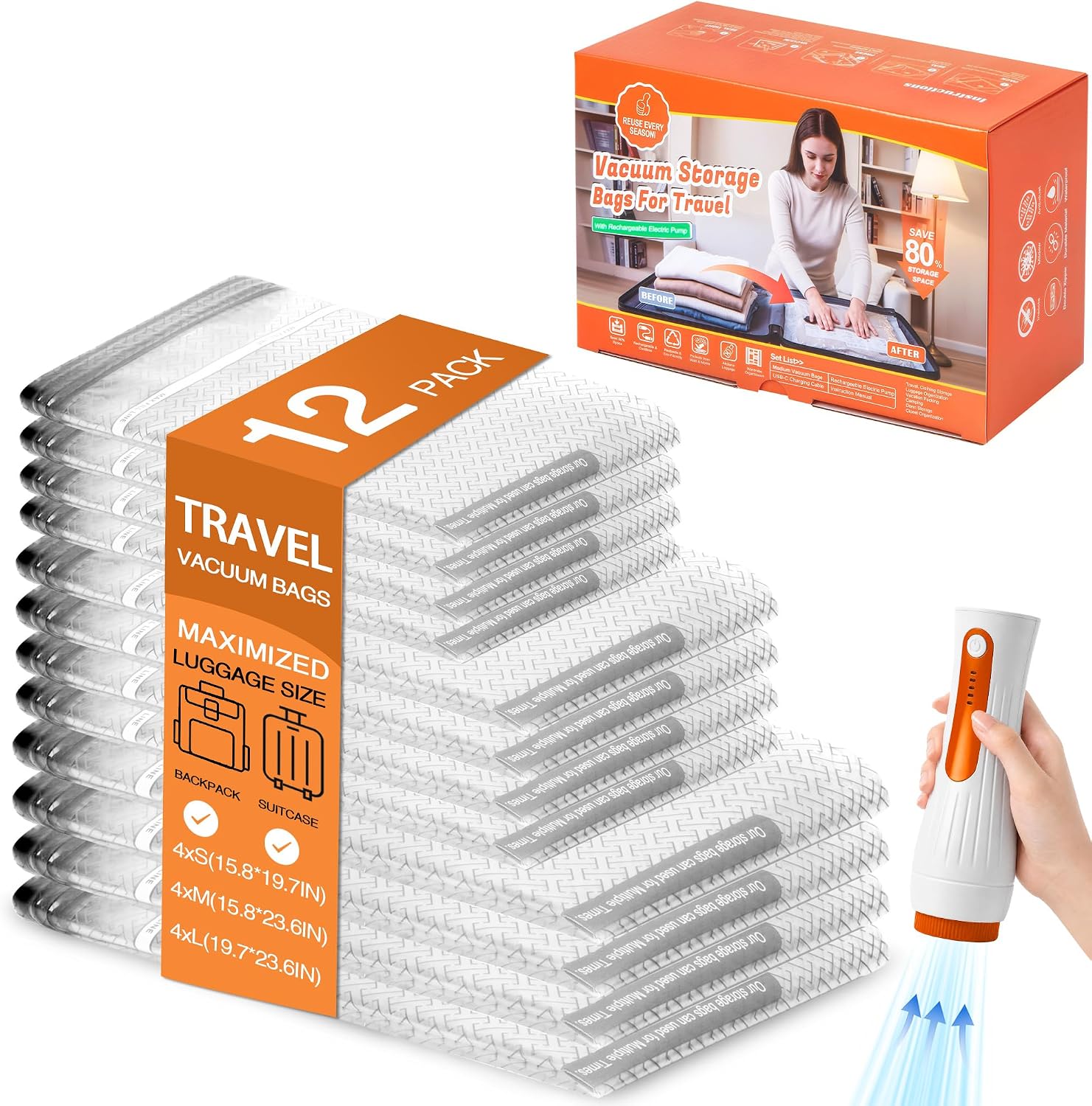 12 Pack Vacuum Compression Storage Bags for Travel with Pump