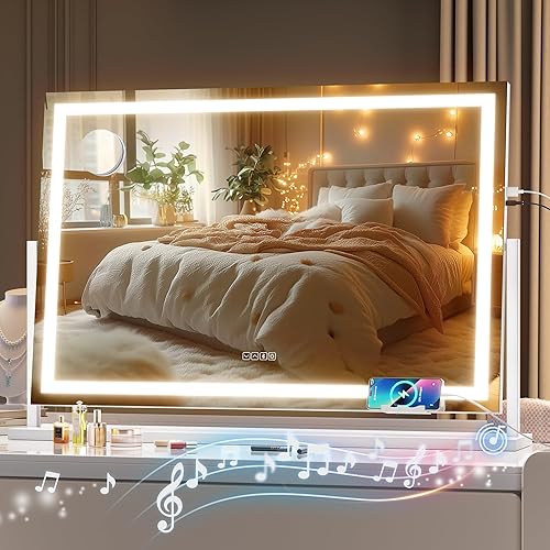 Hasipu Espejo de tocador con luces y altavoz Bluetooth, espejo de maquillaje LED de 36 x 24 pulgadas, espejo iluminado con aumento de 10 veces y
