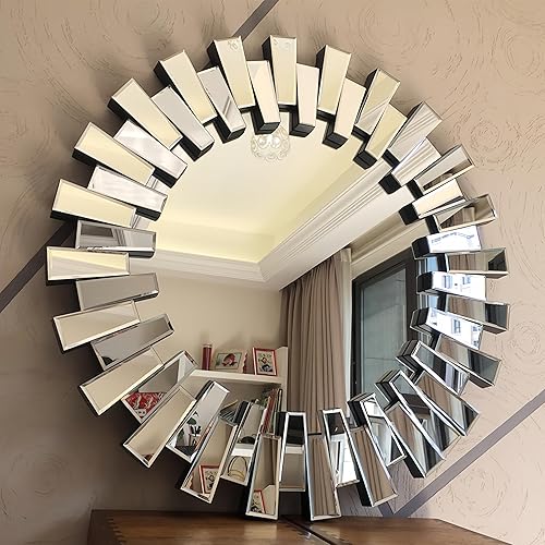 KOHROS Espejos redondos decorativos para decoración de pared, espejo circular de 32 pulgadas, diseño de explosión de sol, espejo de pared moderno