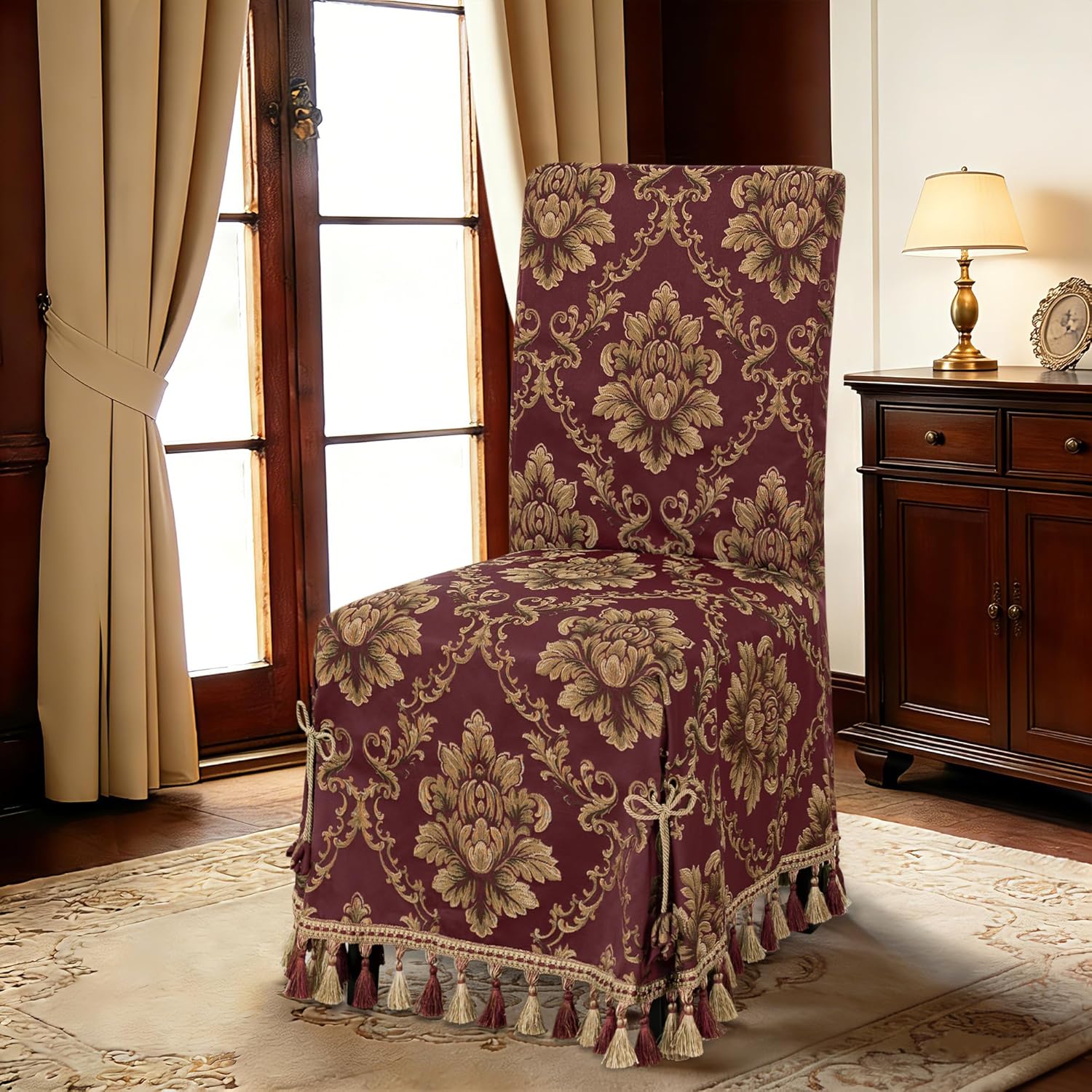 Loom and Mill Adjustable Dining Chair Cover 1 Piece, Elegant Damask Floral Removable Full Length Parsons Chair Covers with Tassels and Ties for Dining Room Party Banquet Home Decor, Wine Red