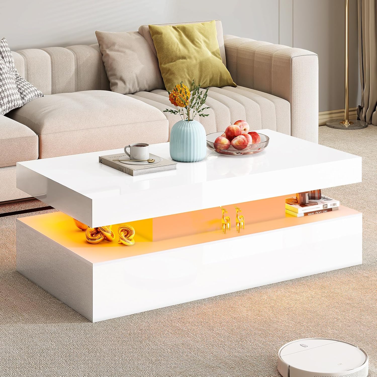 AMERLIFE High Gloss LED Coffee Table, Modern 2-Tier Center Table with LED Lights, Open Storage Space, 40in Simple Rectangular Sofa Side Table for Living Room, White