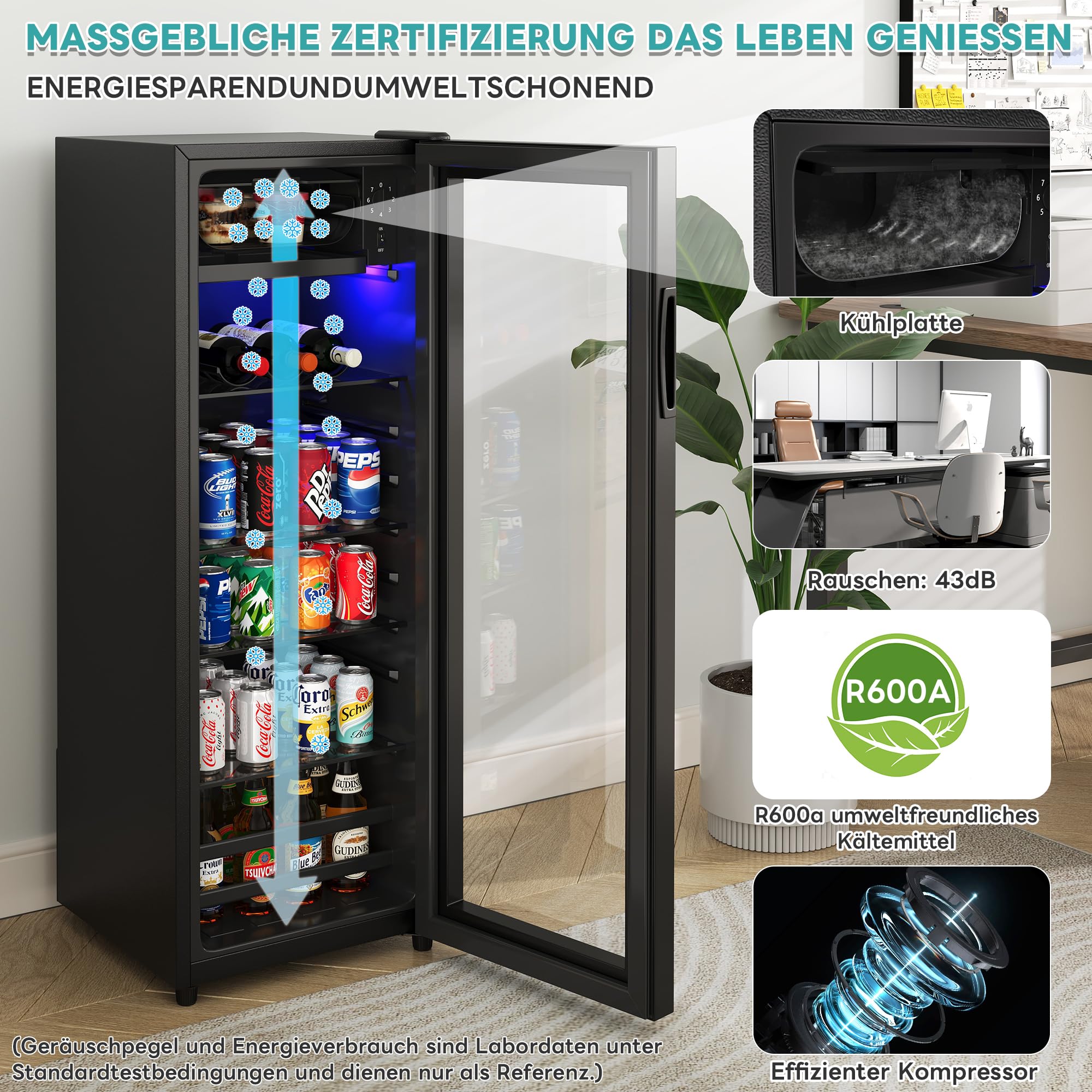Merax Frigorifero 128L, freestanding, refrigeratore per bevande con frigorifero da 120 L + congelatore da 8 l, con illuminazione interna a LED e ripiani regolabili, super silenzioso per ristorante,