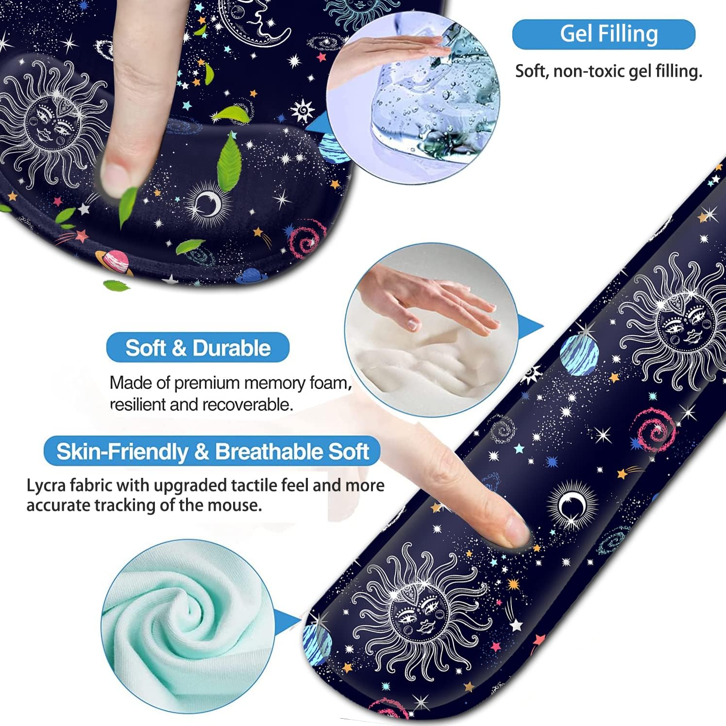 Ergonomic Mouse Pad Gel Wrist Support and Memory Foam Keyboard Wrist Rest Set, for Gaming Computer Office Laptop Easy Typing Wireless Mouse Mat,Galaxy Constellation Sun Moon Cosmic Office Desk Pad